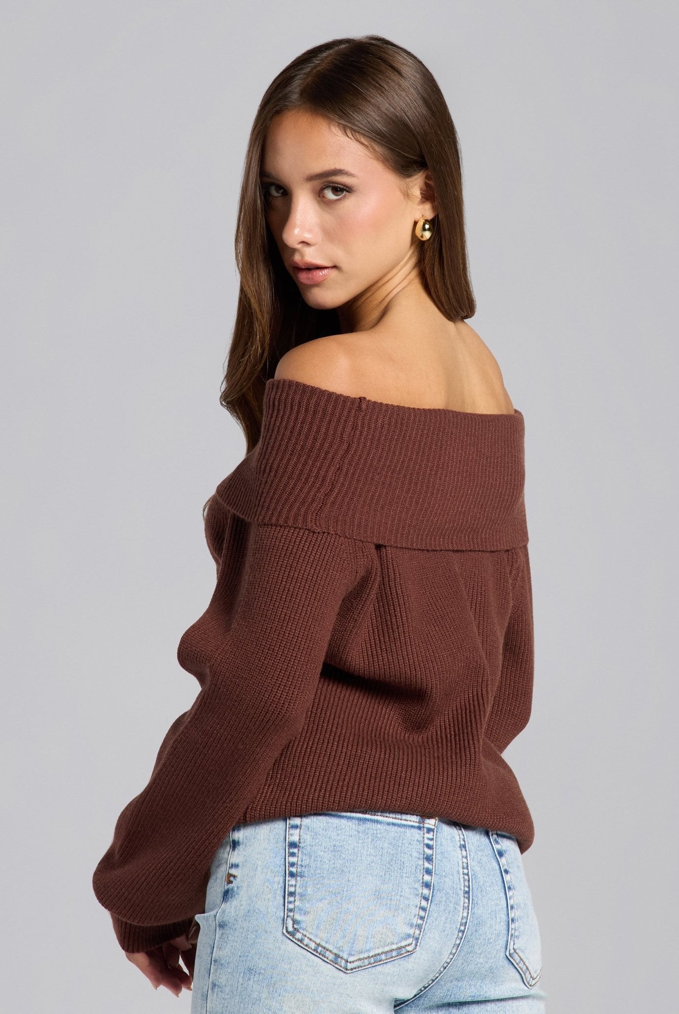 Brown Knit Fold Off Shoulder Balloon Sleeve Sweater - shopaleena