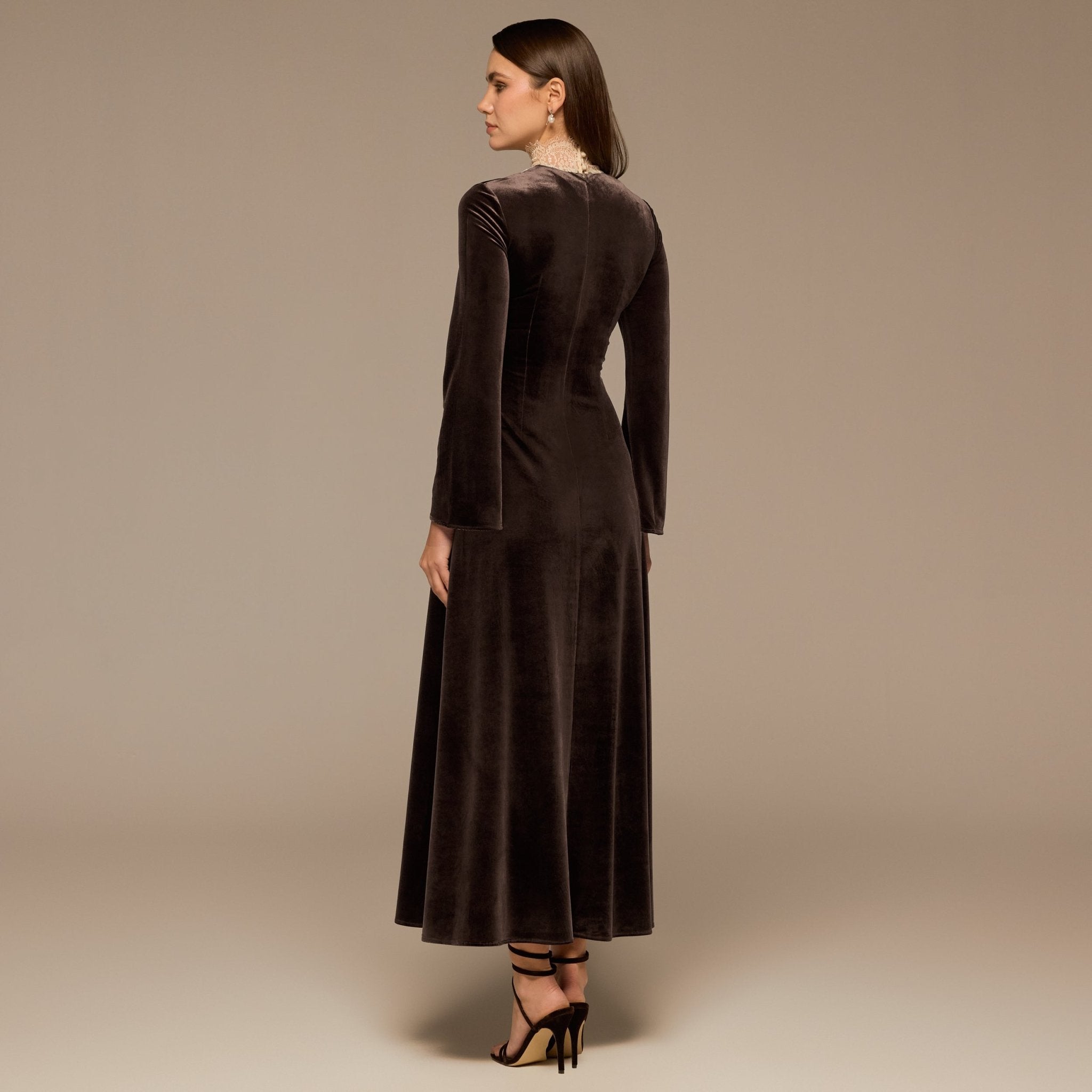Brown Lace High - Neck Velvet Maxi Dress - shopaleena