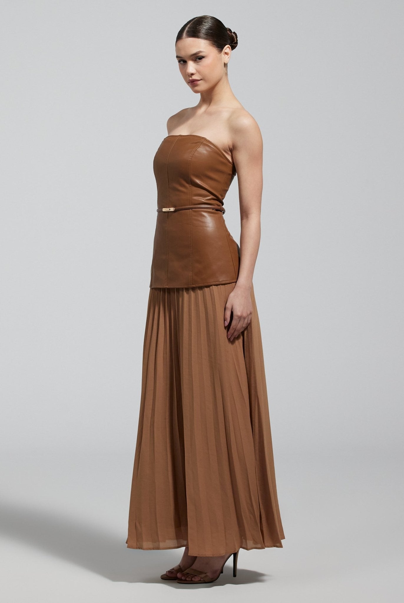 Brown Leather & Chiffon Pleated Maxi Dress - shopaleena