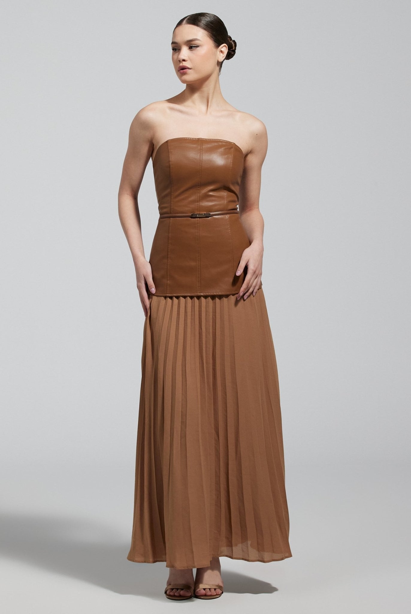 Brown Leather & Chiffon Pleated Maxi Dress - shopaleena
