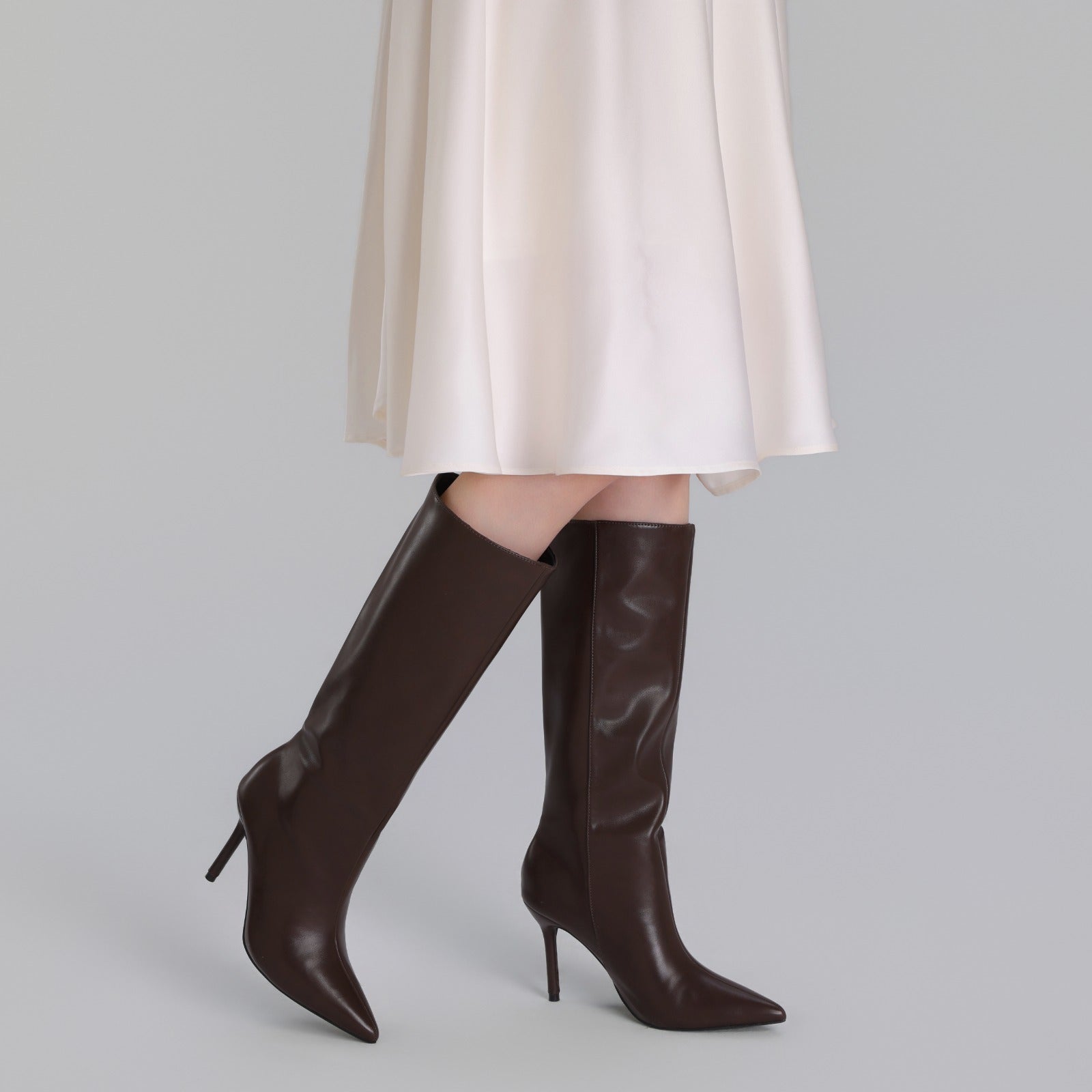 Brown Leather High Heel Knee - High Boots - shopaleena