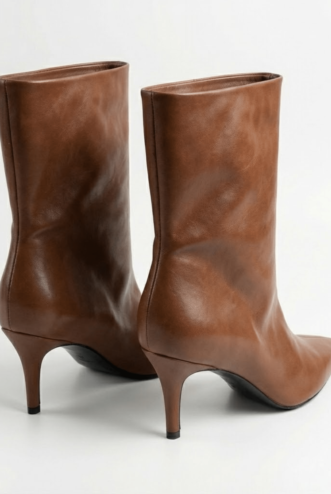 Brown Leather Mid - Calf High Heel Boots - shopaleena