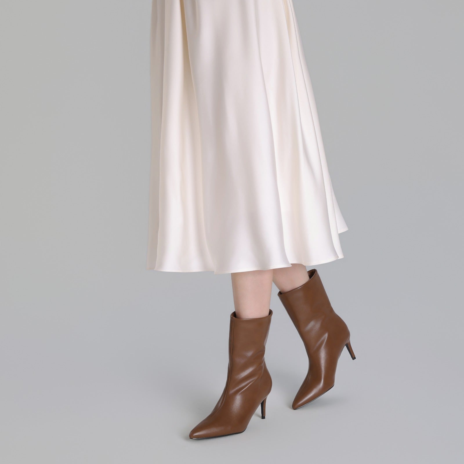 Brown Leather Mid - Calf High Heel Boots - shopaleena