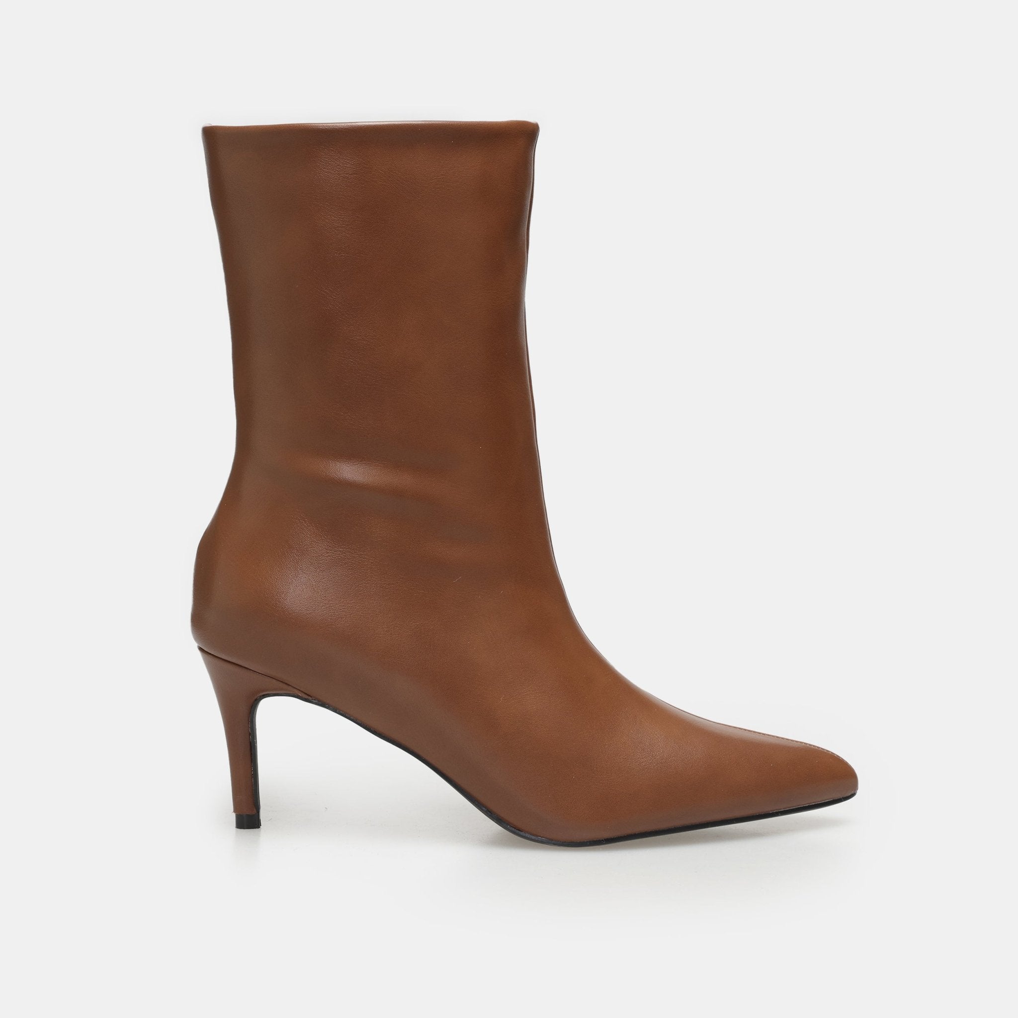 Brown Leather Mid - Calf High Heel Boots - shopaleena