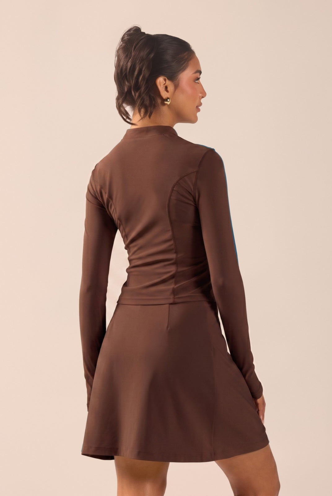 Brown Long Sleeve Front Zipper Swim Top - shopaleena