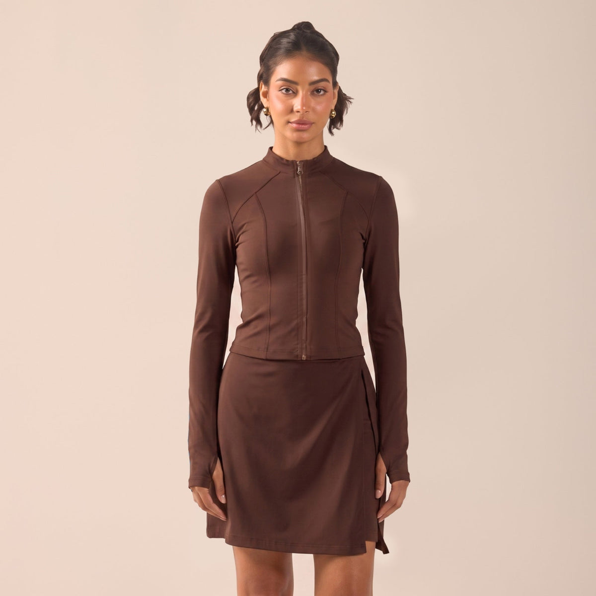 Brown Long Sleeve Front Zipper Swim Top - shopaleena