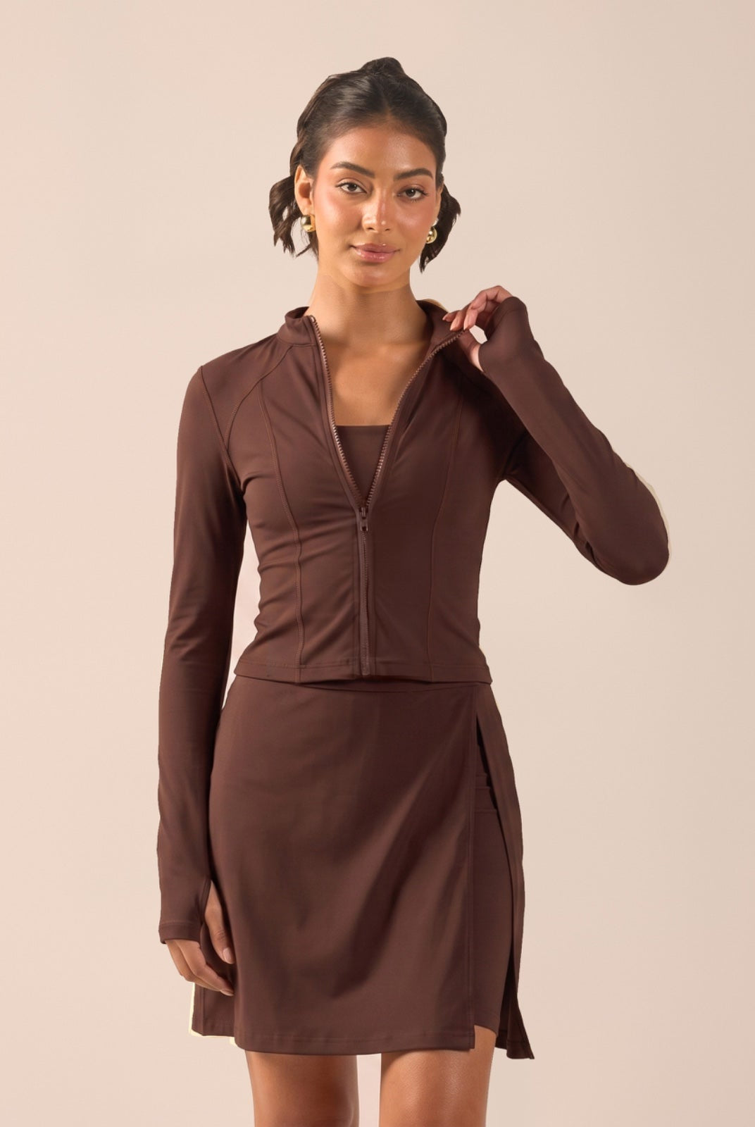 Brown Long Sleeve Front Zipper Swim Top - shopaleena