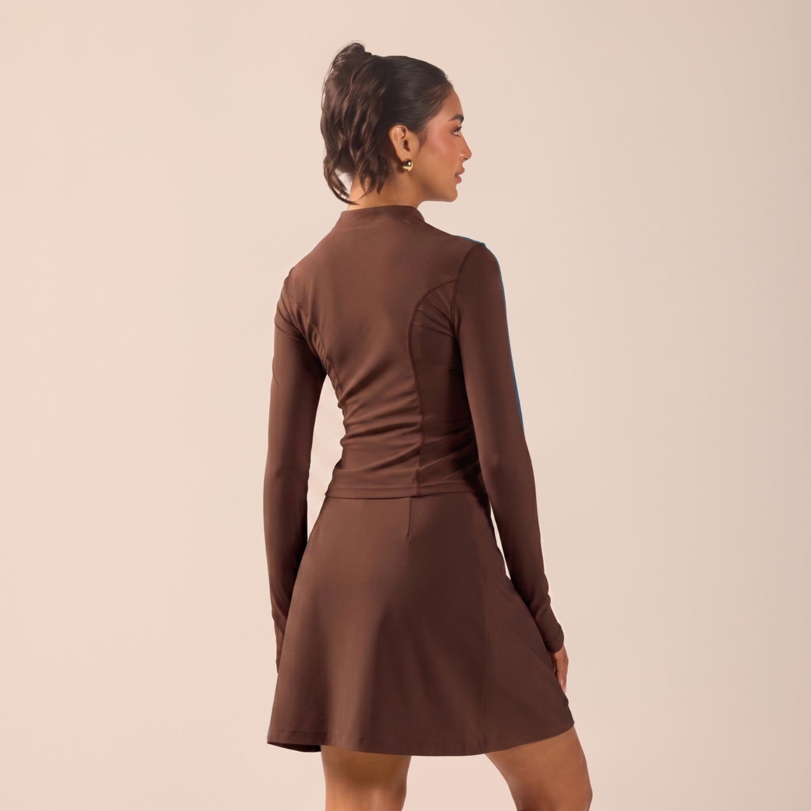 Brown Long Sleeve Front Zipper Swim Top - shopaleena