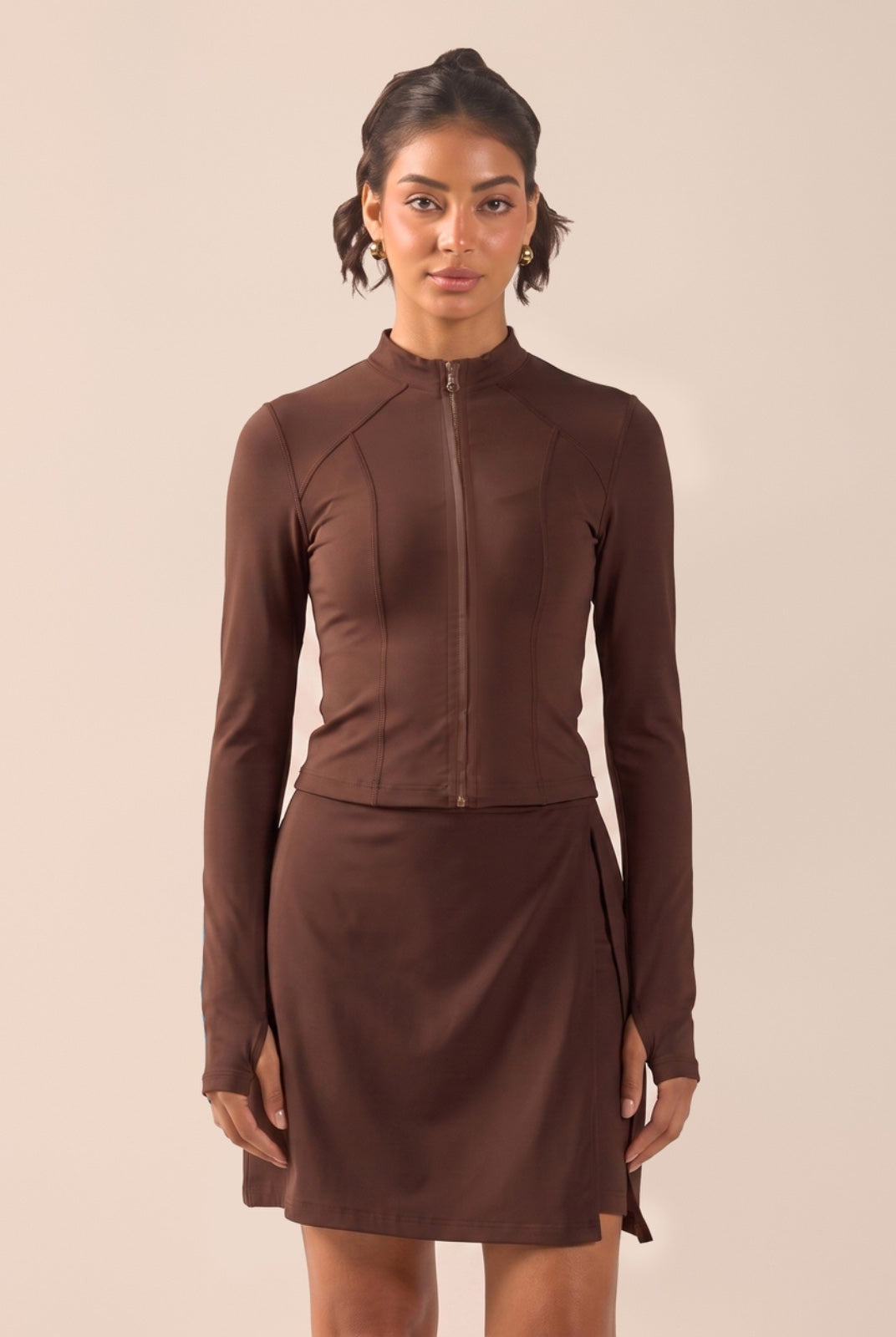 Brown Long Sleeve Front Zipper Swim Top - shopaleena