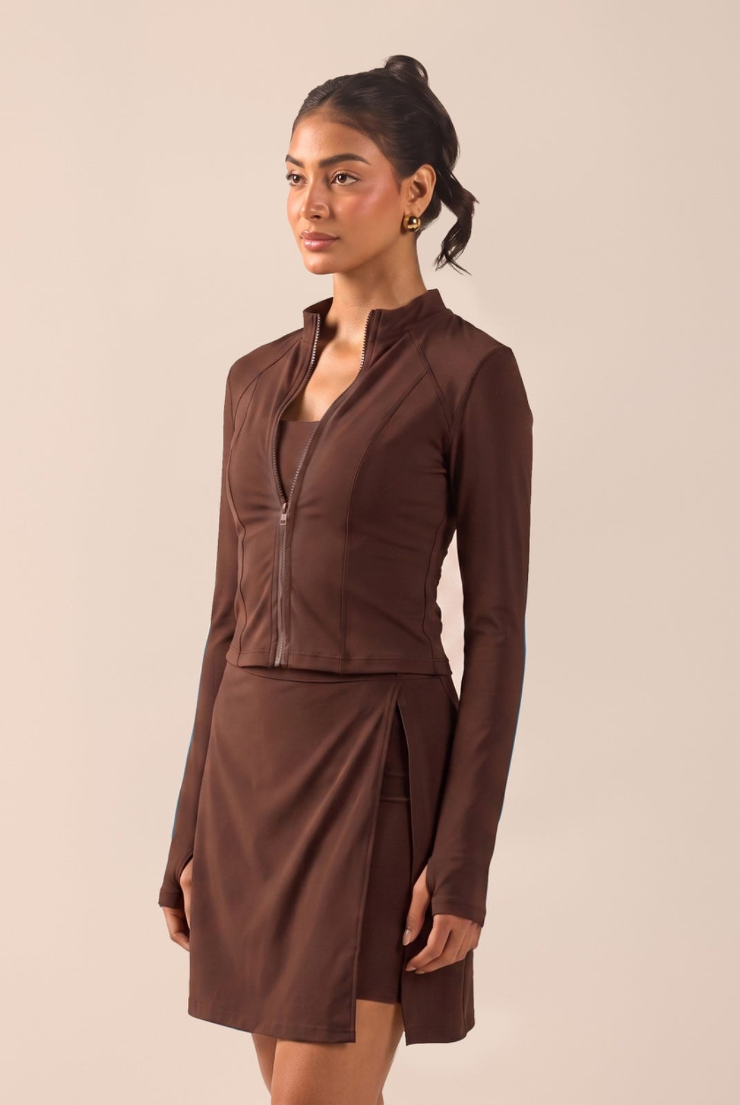 Brown Long Sleeve Front Zipper Swim Top - shopaleena