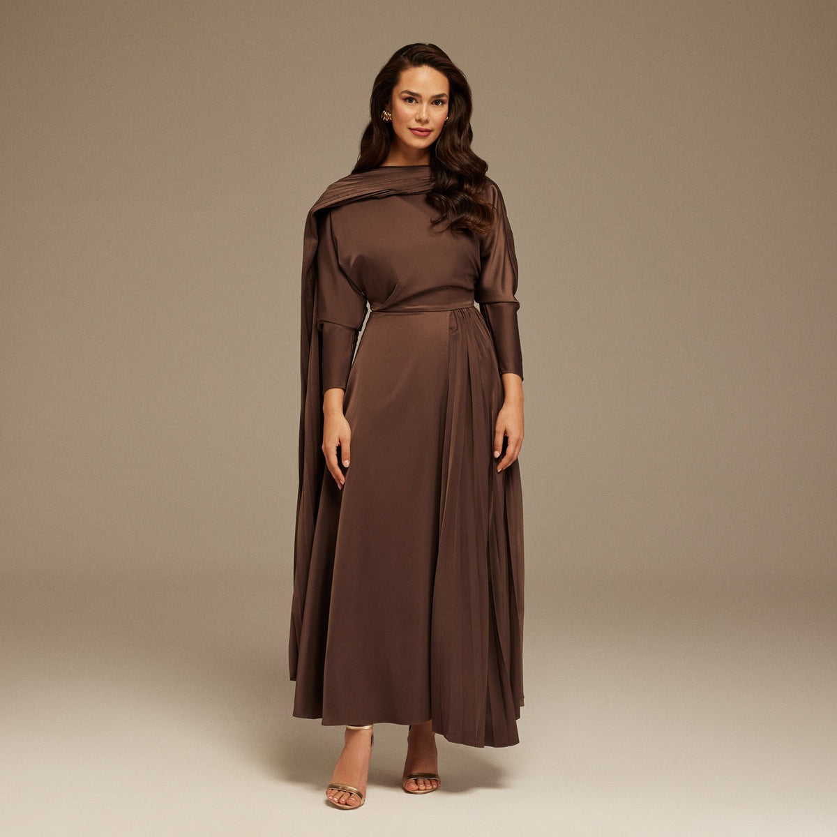 Brown Long Sleeve Midi Dress With Scarf – shopaleena