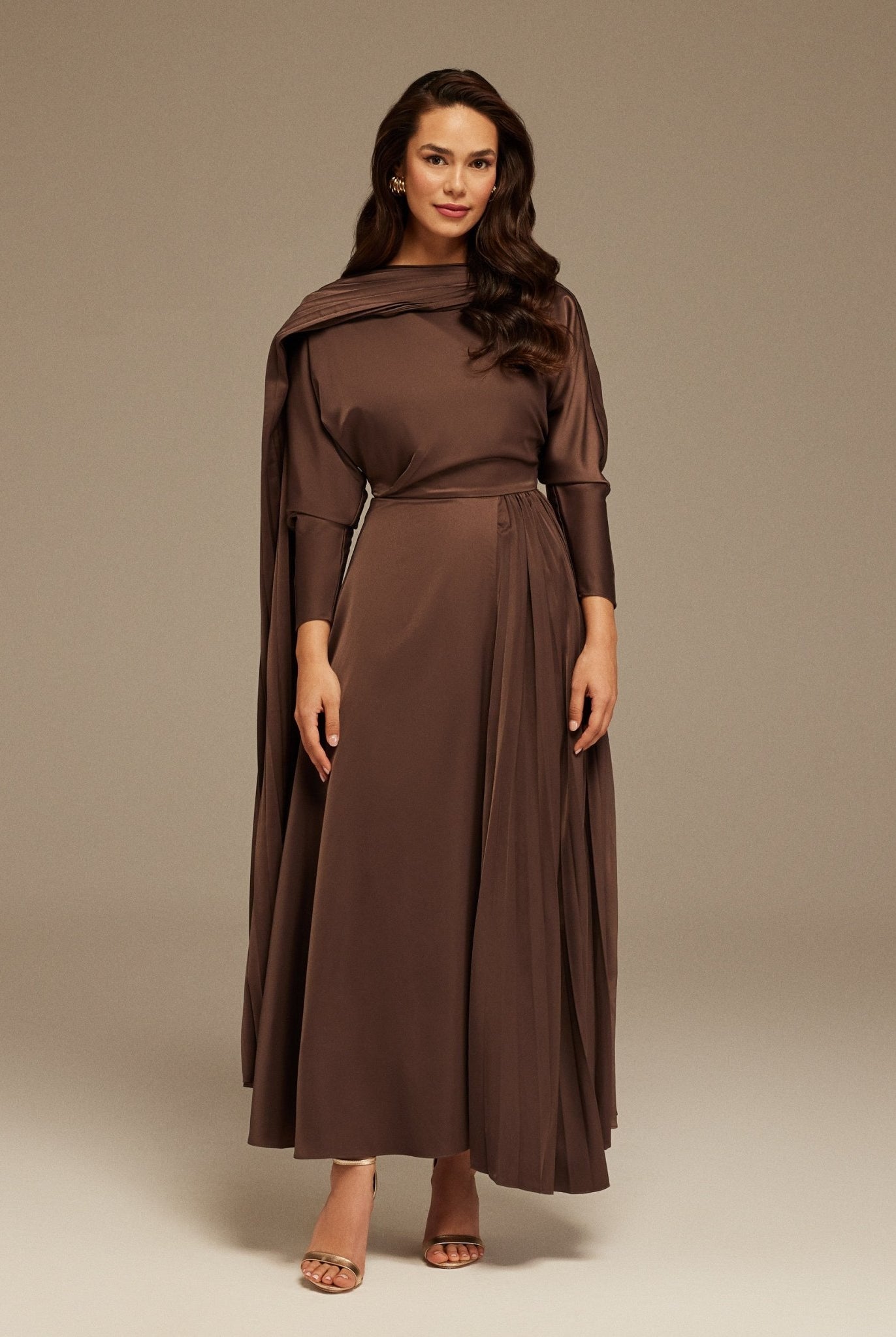 Brown Long Sleeve Midi Dress With Scarf - shopaleena