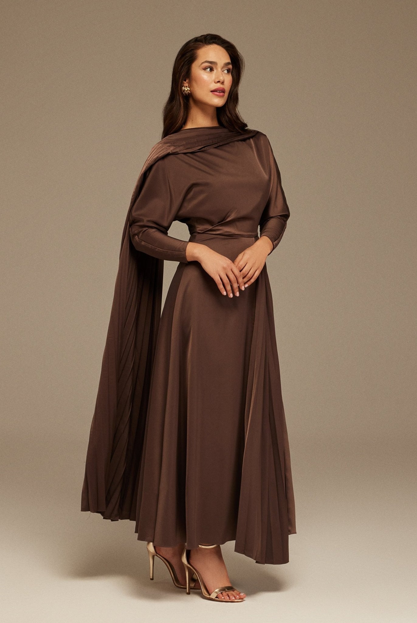 Brown Long Sleeve Midi Dress With Scarf - shopaleena