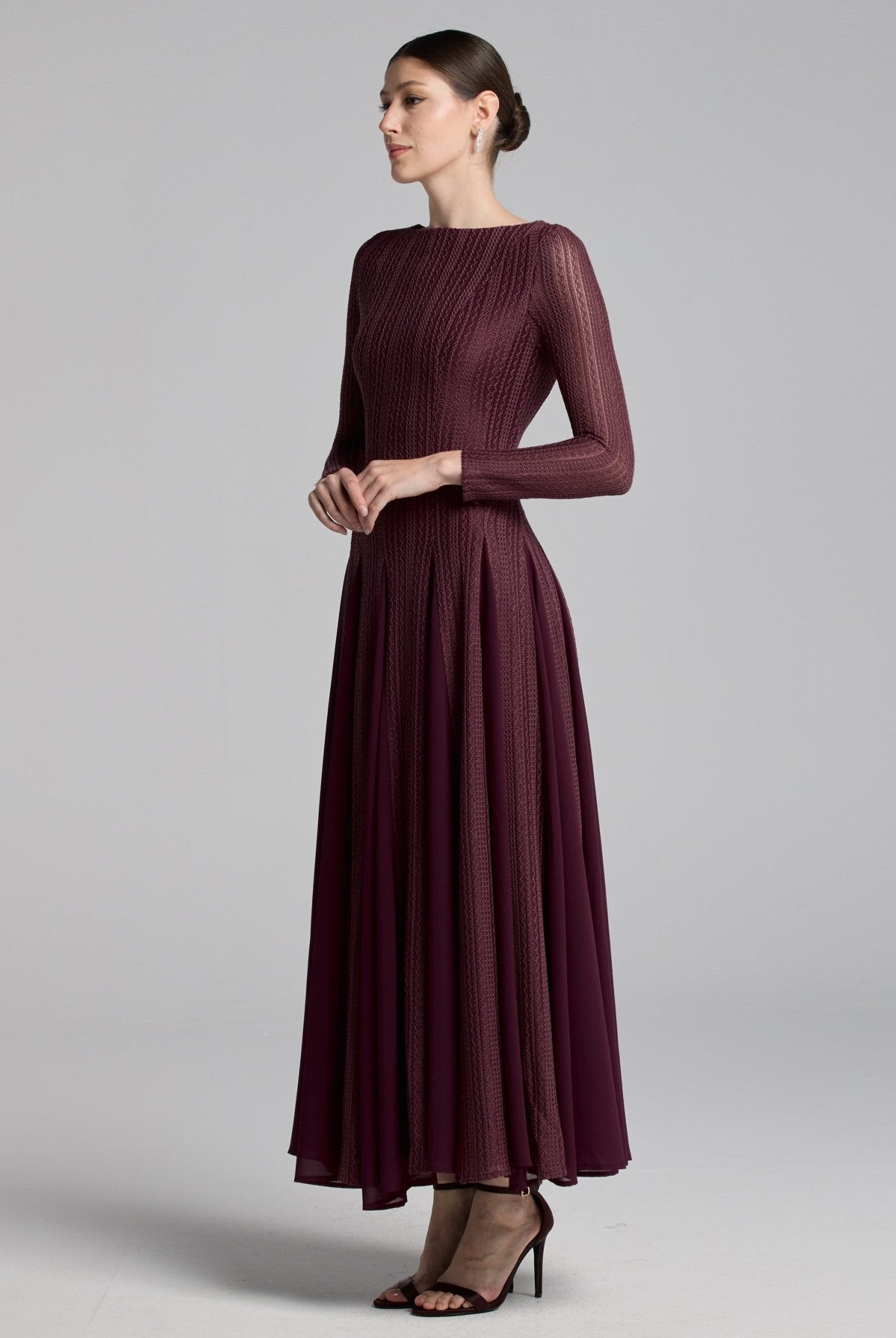 Brown Long Sleeves Godet Maxi Dress - shopaleena
