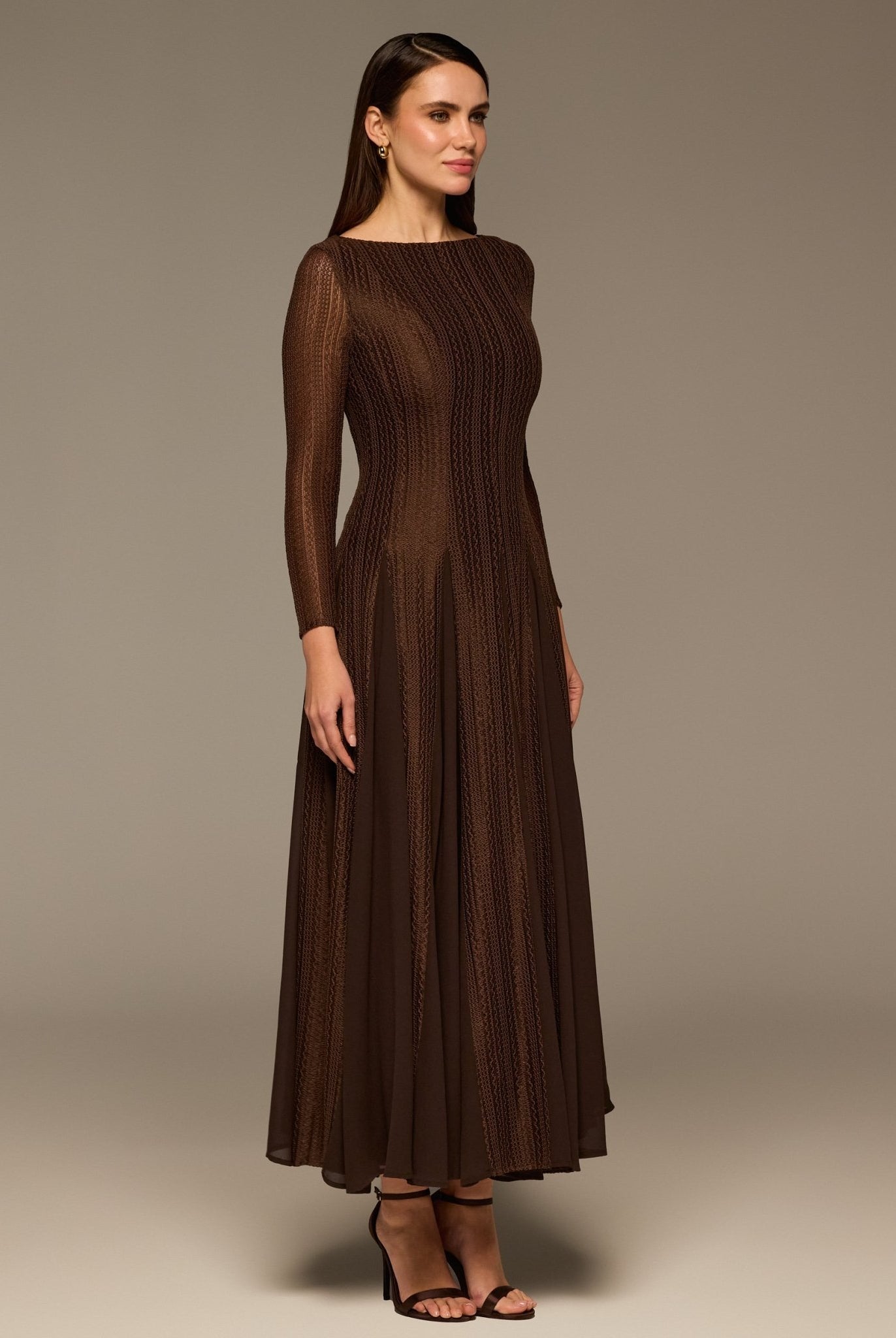 Brown Long Sleeves Godet Maxi Dress - shopaleena