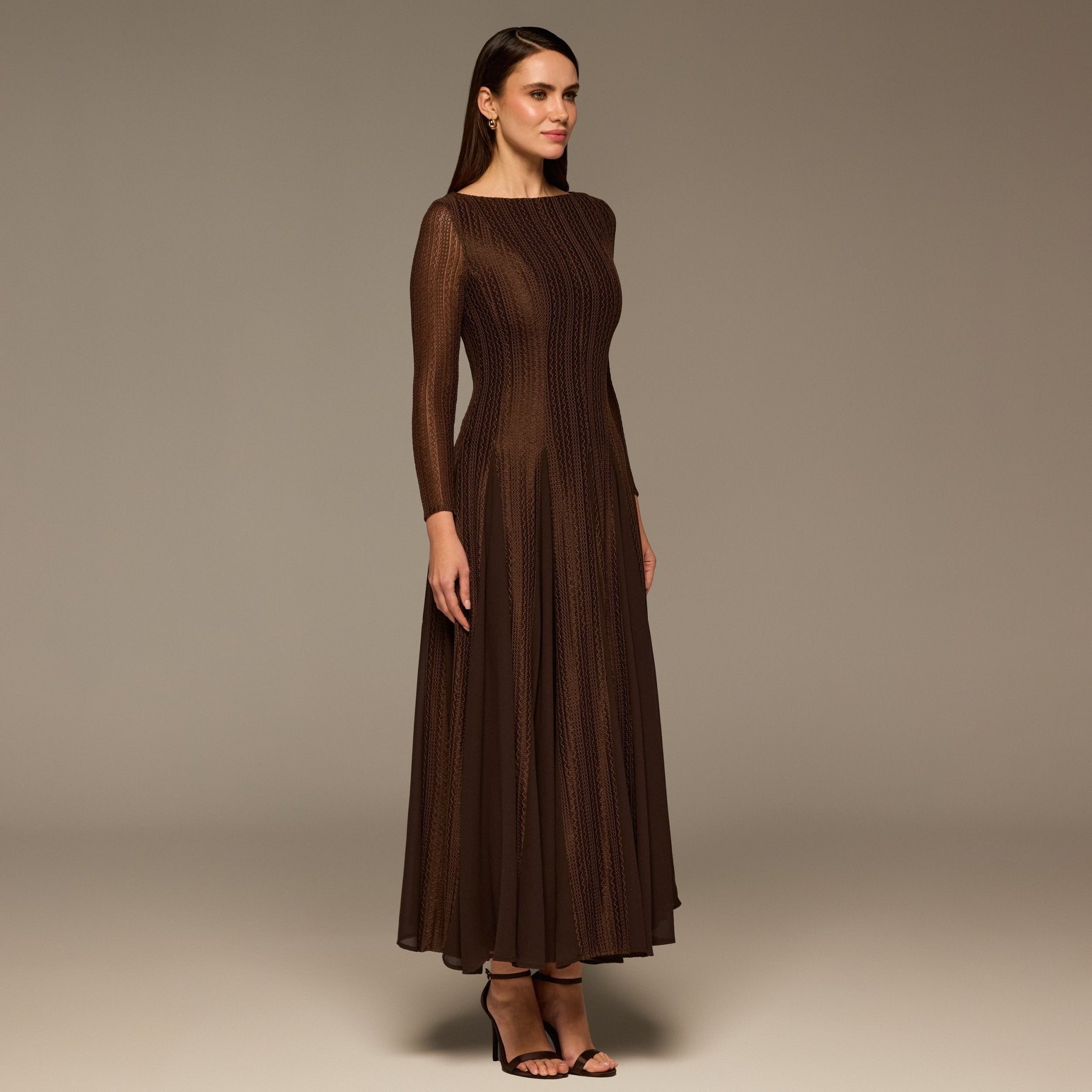 Brown Long Sleeves Godet Maxi Dress - shopaleena
