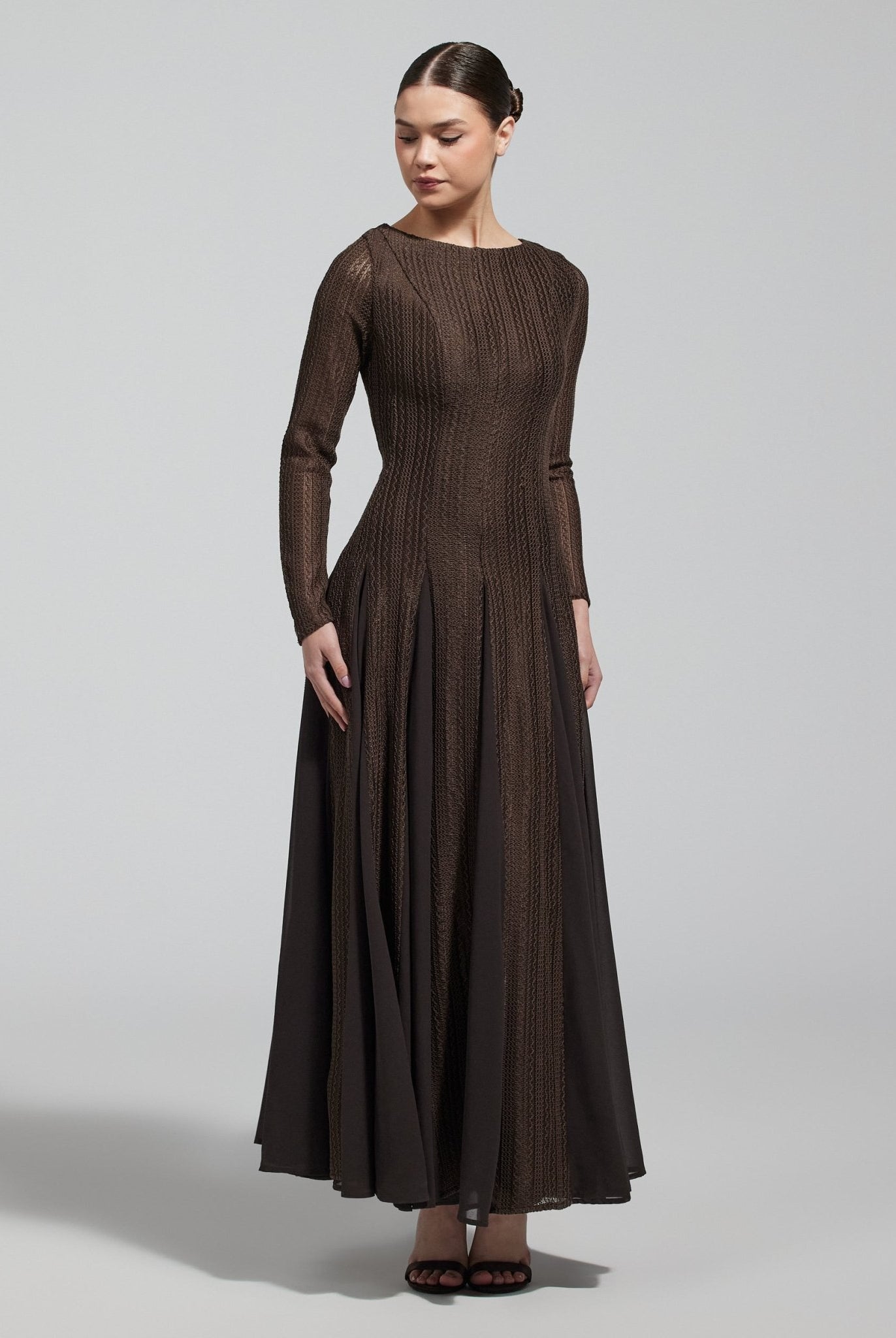 Brown Long Sleeves Godet Maxi Dress - shopaleena