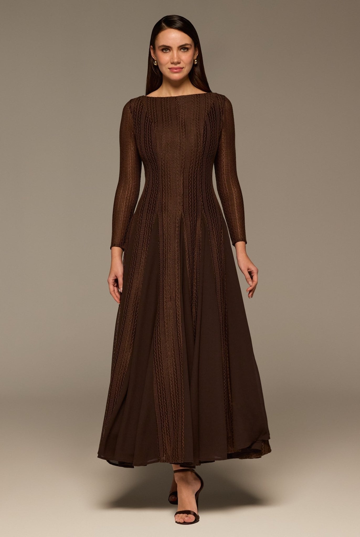 Brown Long Sleeves Godet Maxi Dress - shopaleena
