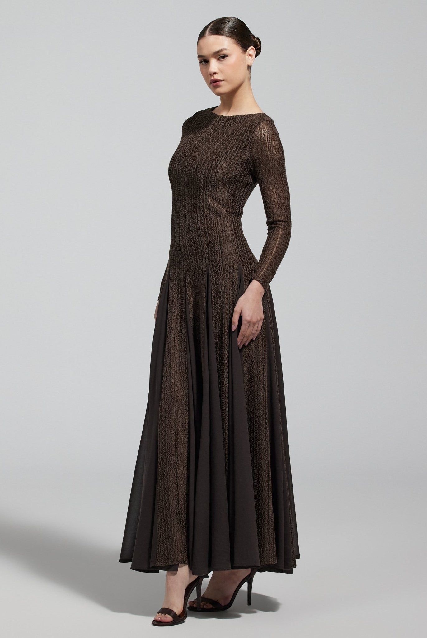 Brown Long Sleeves Godet Maxi Dress - shopaleena
