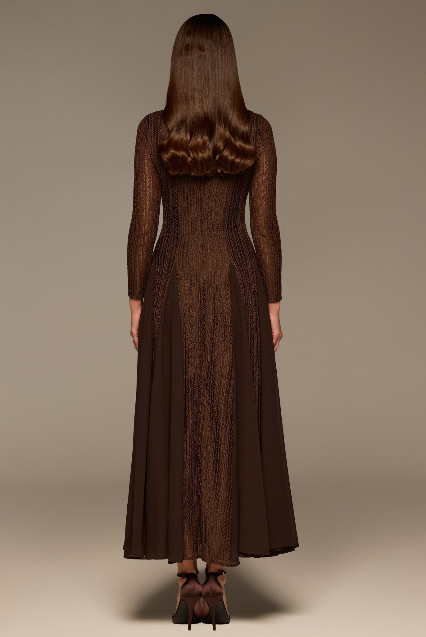 Brown Long Sleeves Godet Maxi Dress - shopaleena