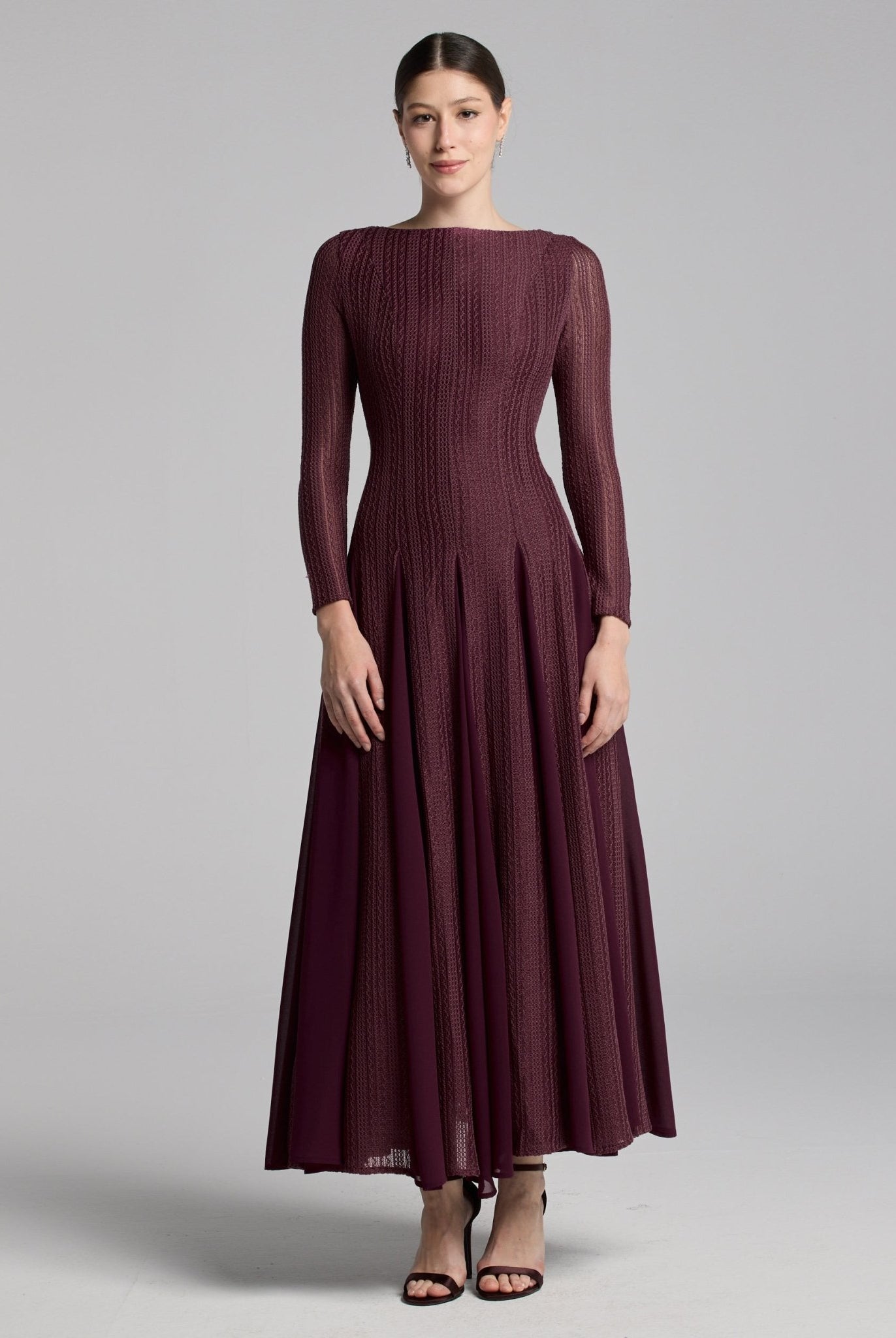 Brown Long Sleeves Godet Maxi Dress - shopaleena