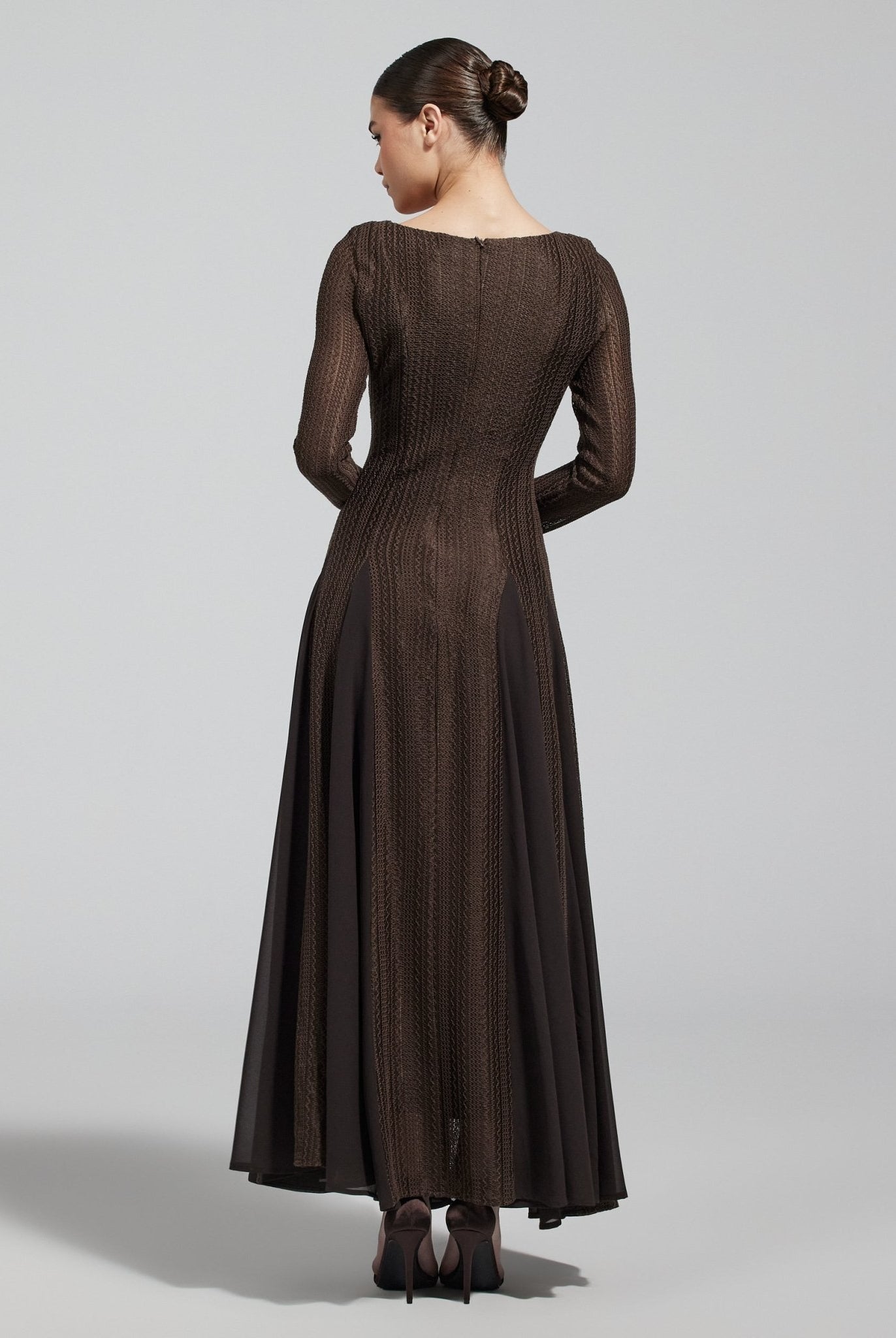 Brown Long Sleeves Godet Maxi Dress - shopaleena