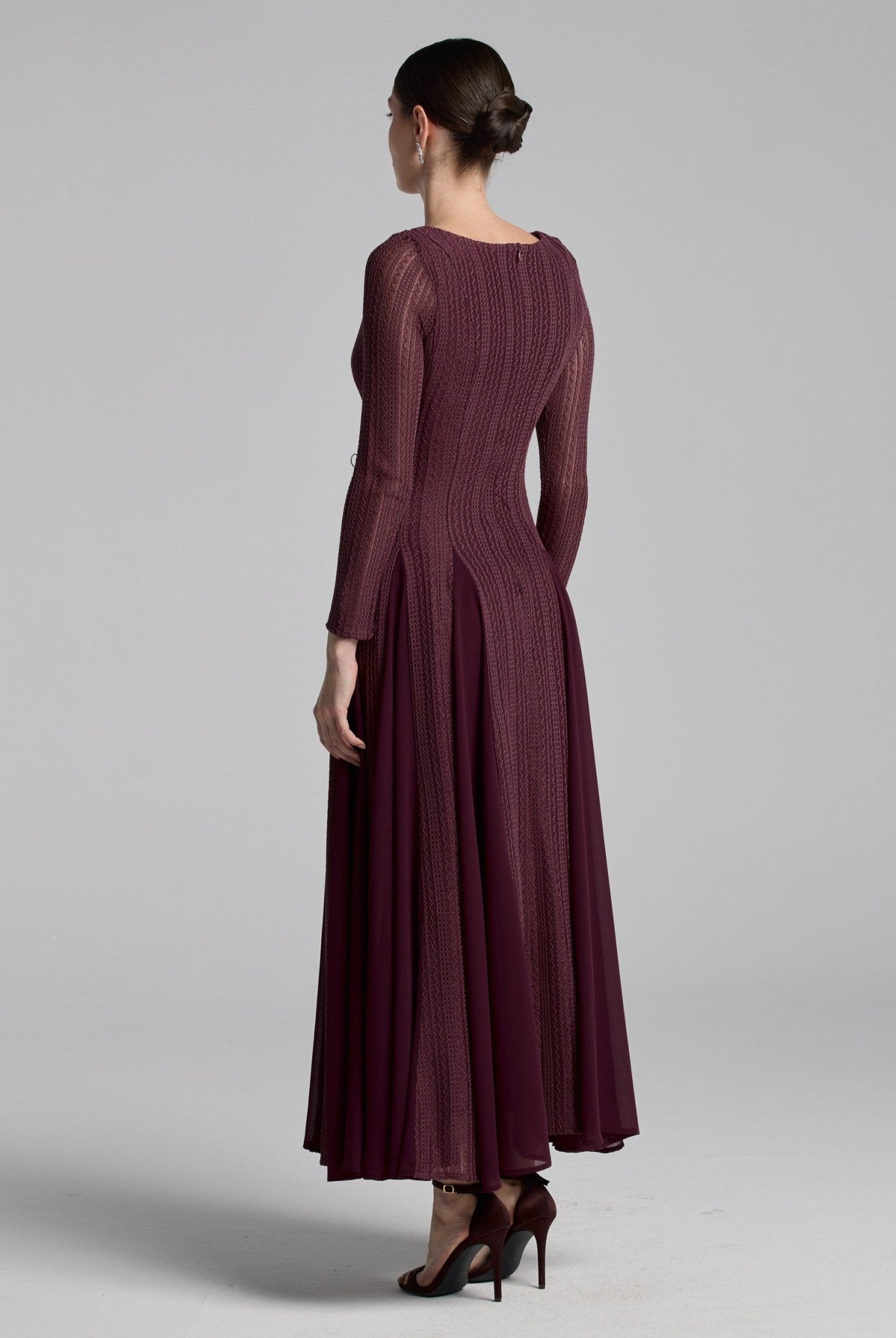 Brown Long Sleeves Godet Maxi Dress - shopaleena