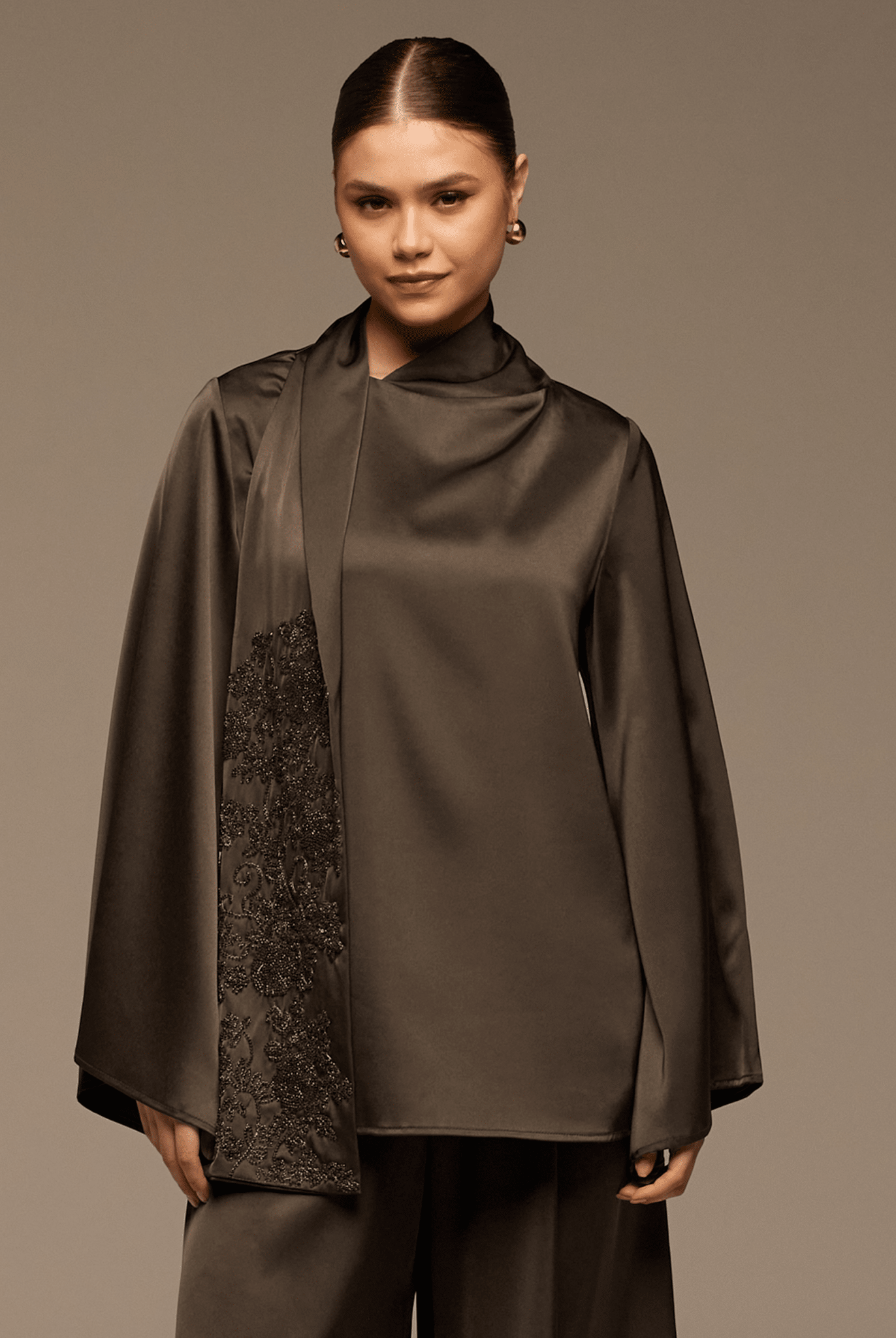 Brown Loose Fit Long Sleeve Satin Blouse - shopaleena