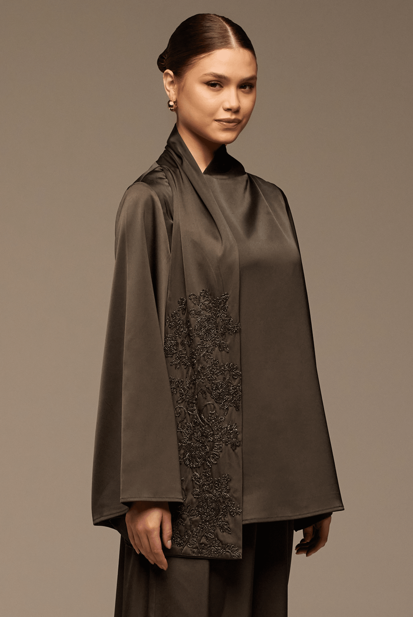 Brown Loose Fit Long Sleeve Satin Blouse - shopaleena