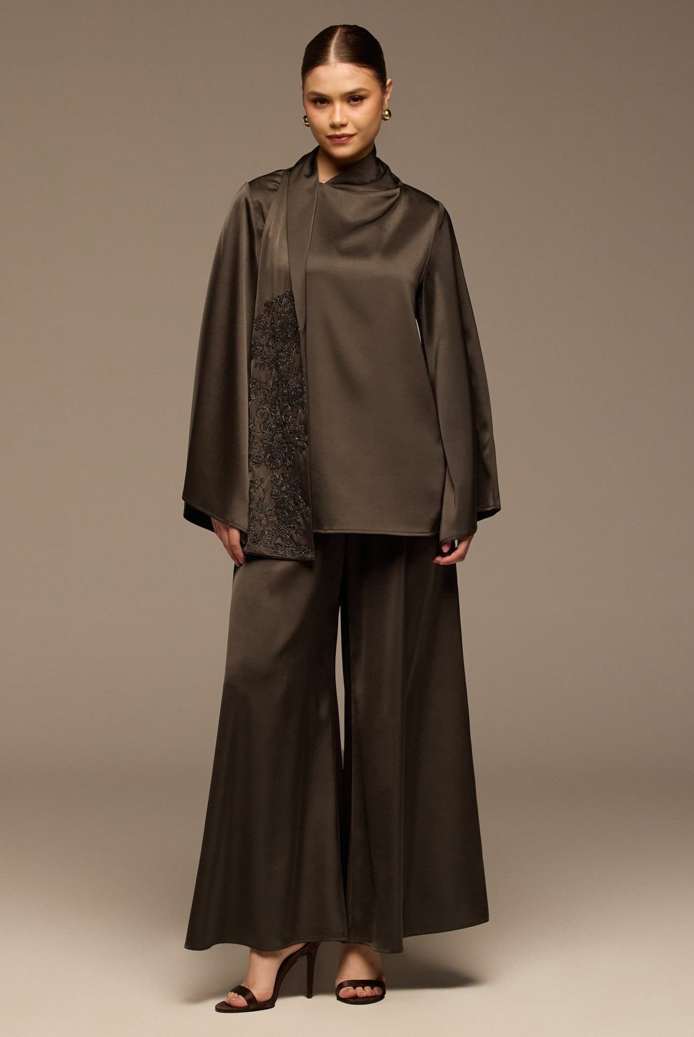 Brown Loose Fit Long Sleeve Satin Blouse - shopaleena