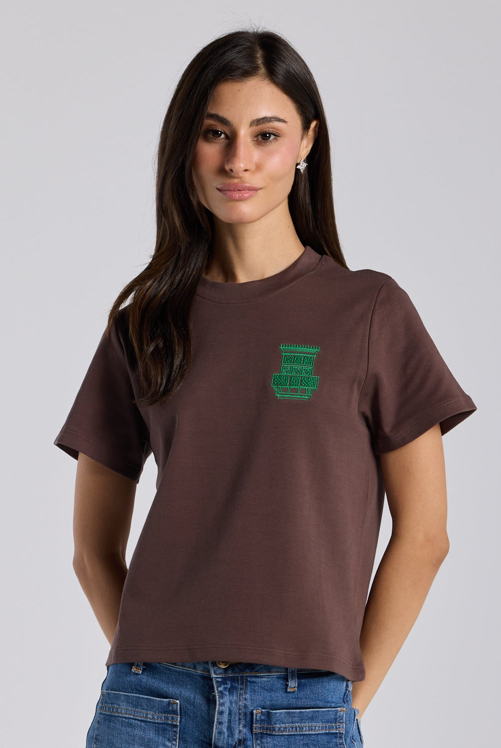 Brown Mashrabiya Embroidered Cotton T-shirt - shopaleena