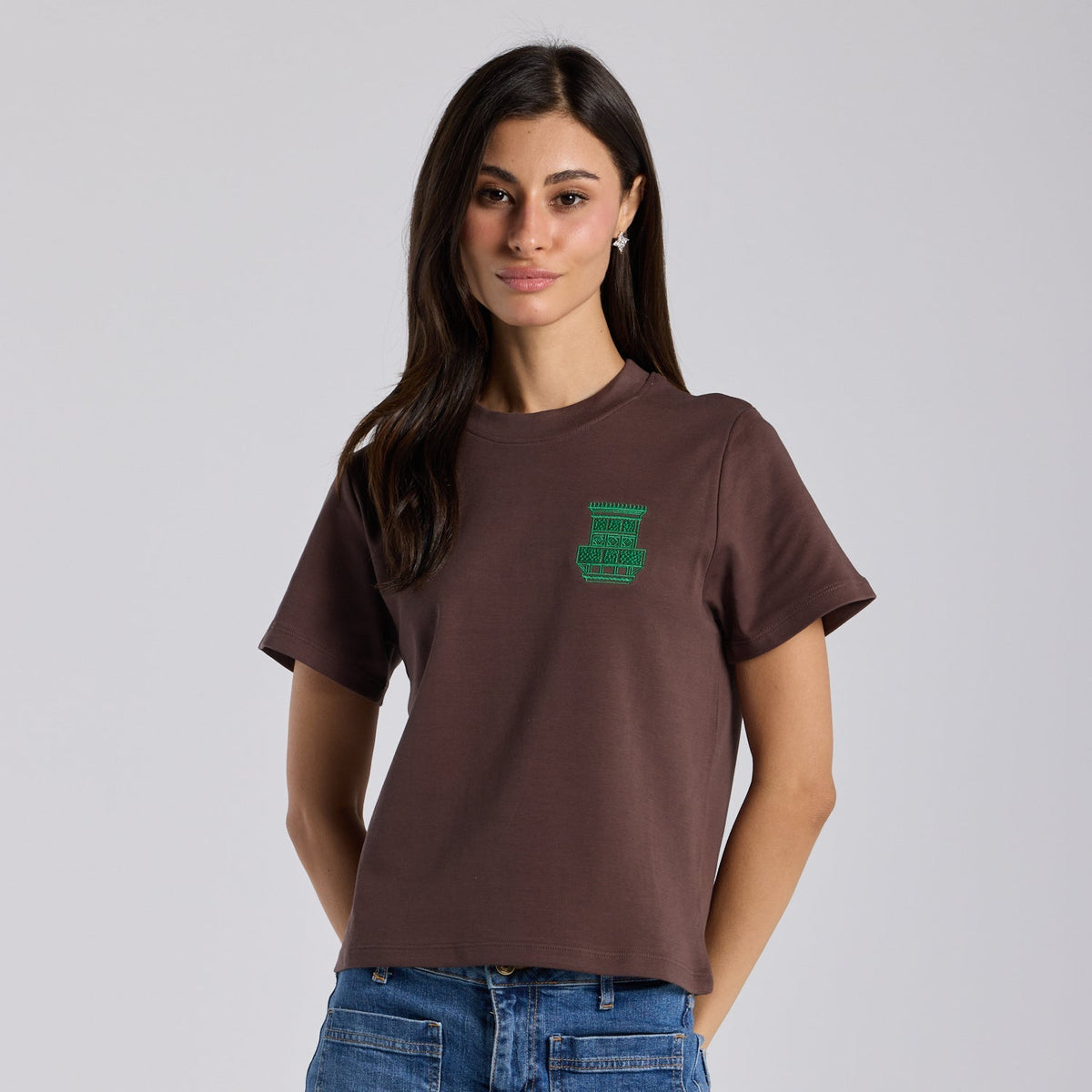 Brown Mashrabiya Embroidered Cotton T-shirt - shopaleena
