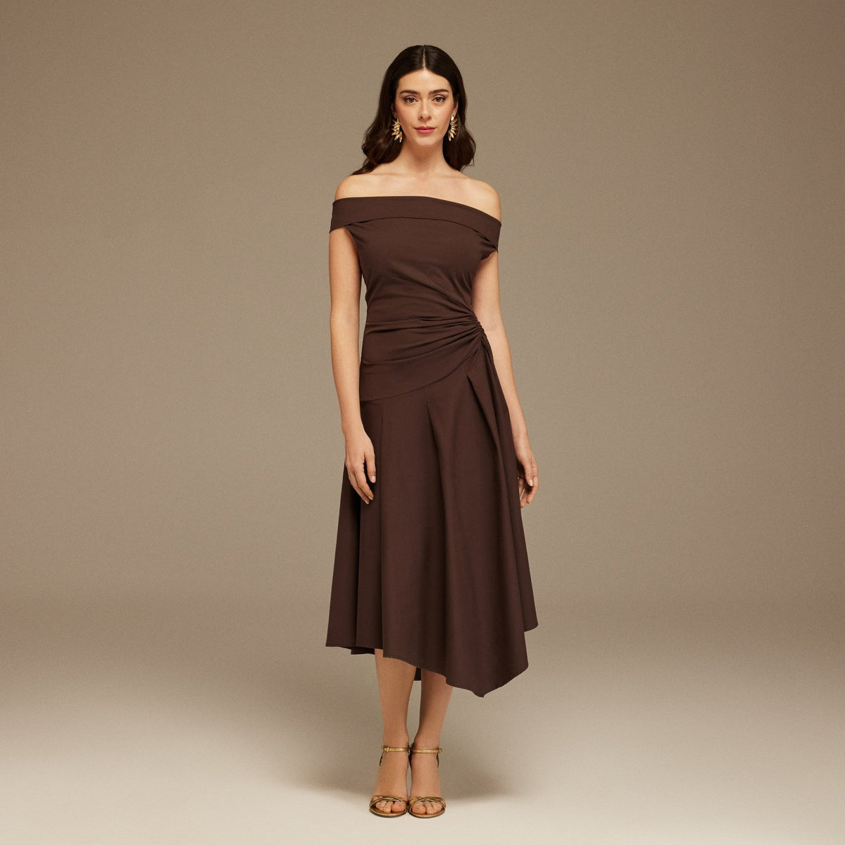 Brown Off-Shoulder Cotton Ruched Midi Dress – shopaleena