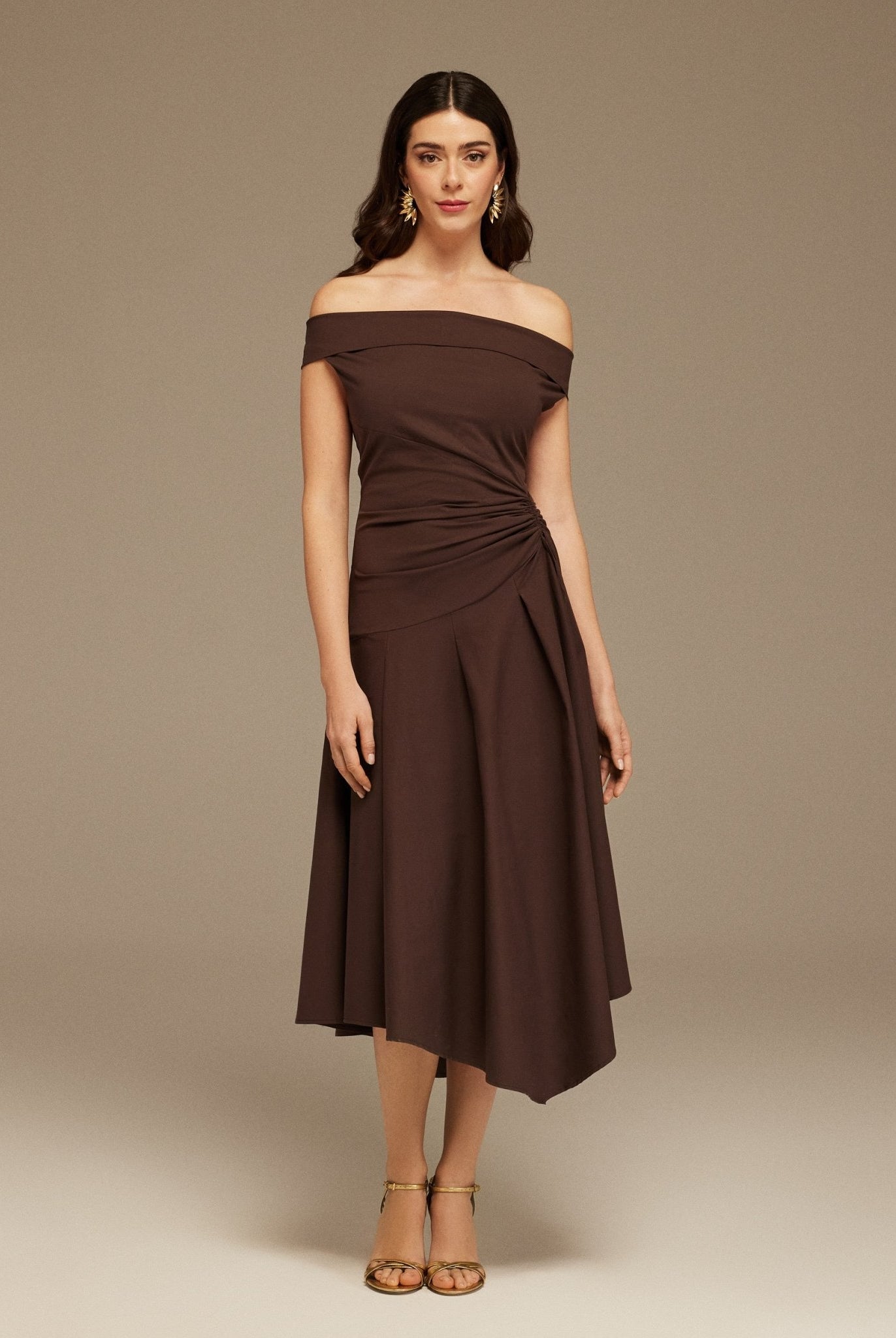 Brown Off - Shoulder Cotton Ruched Midi Dress - shopaleena