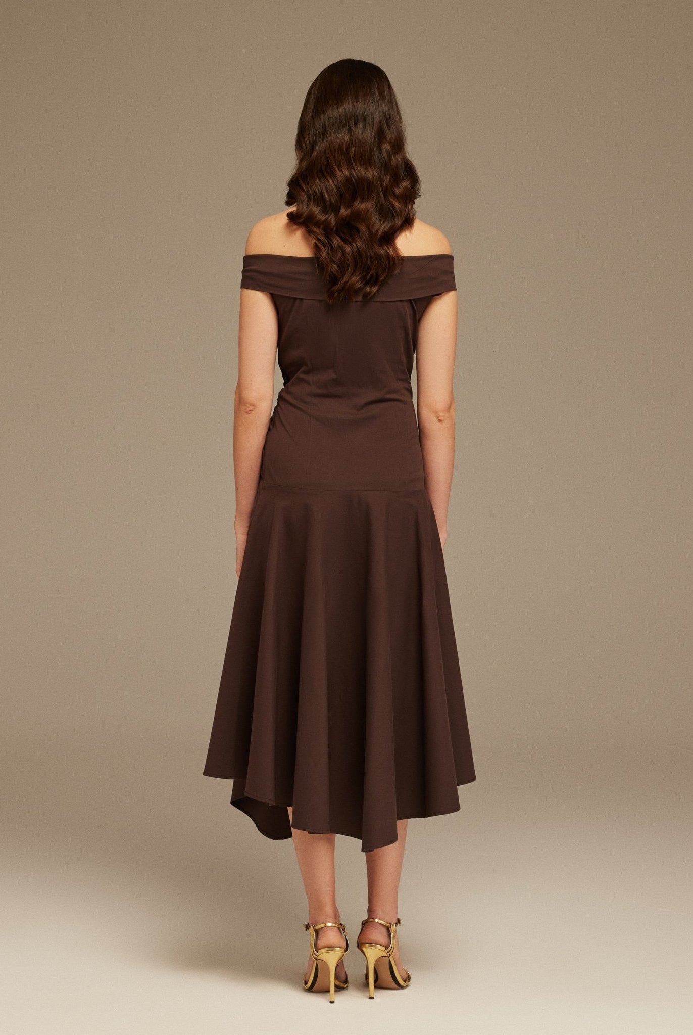 Brown Off - Shoulder Cotton Ruched Midi Dress - shopaleena