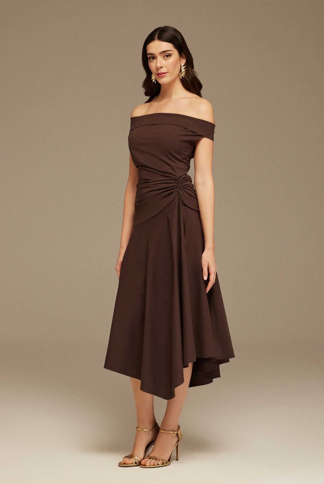 Brown Off - Shoulder Cotton Ruched Midi Dress - shopaleena