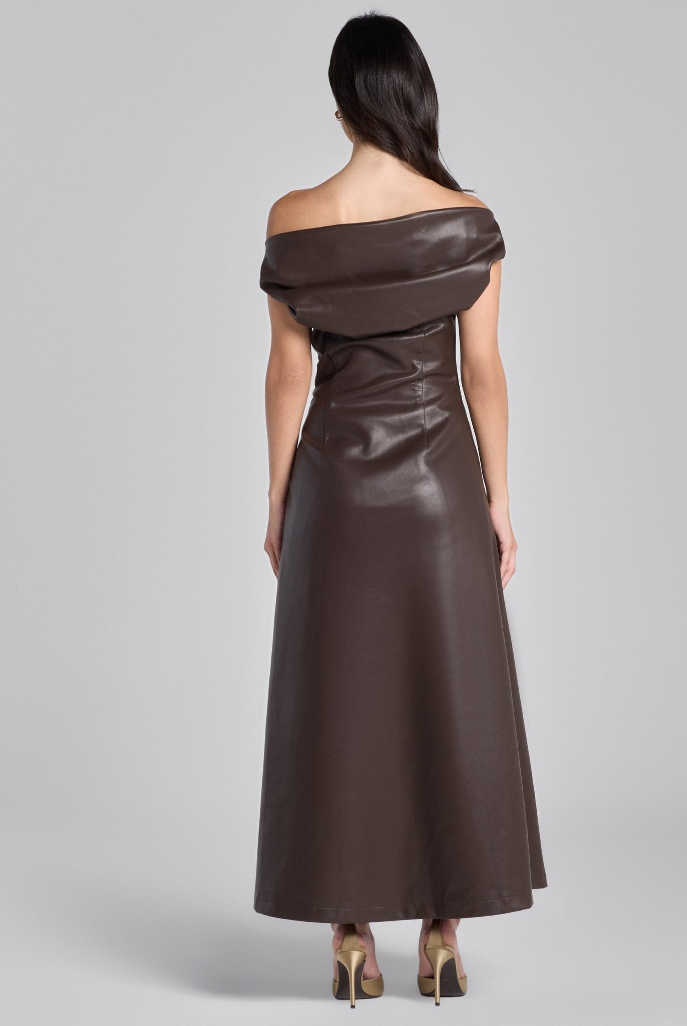 Brown Off Shoulder Draped Leather Midi Dress - shopaleena