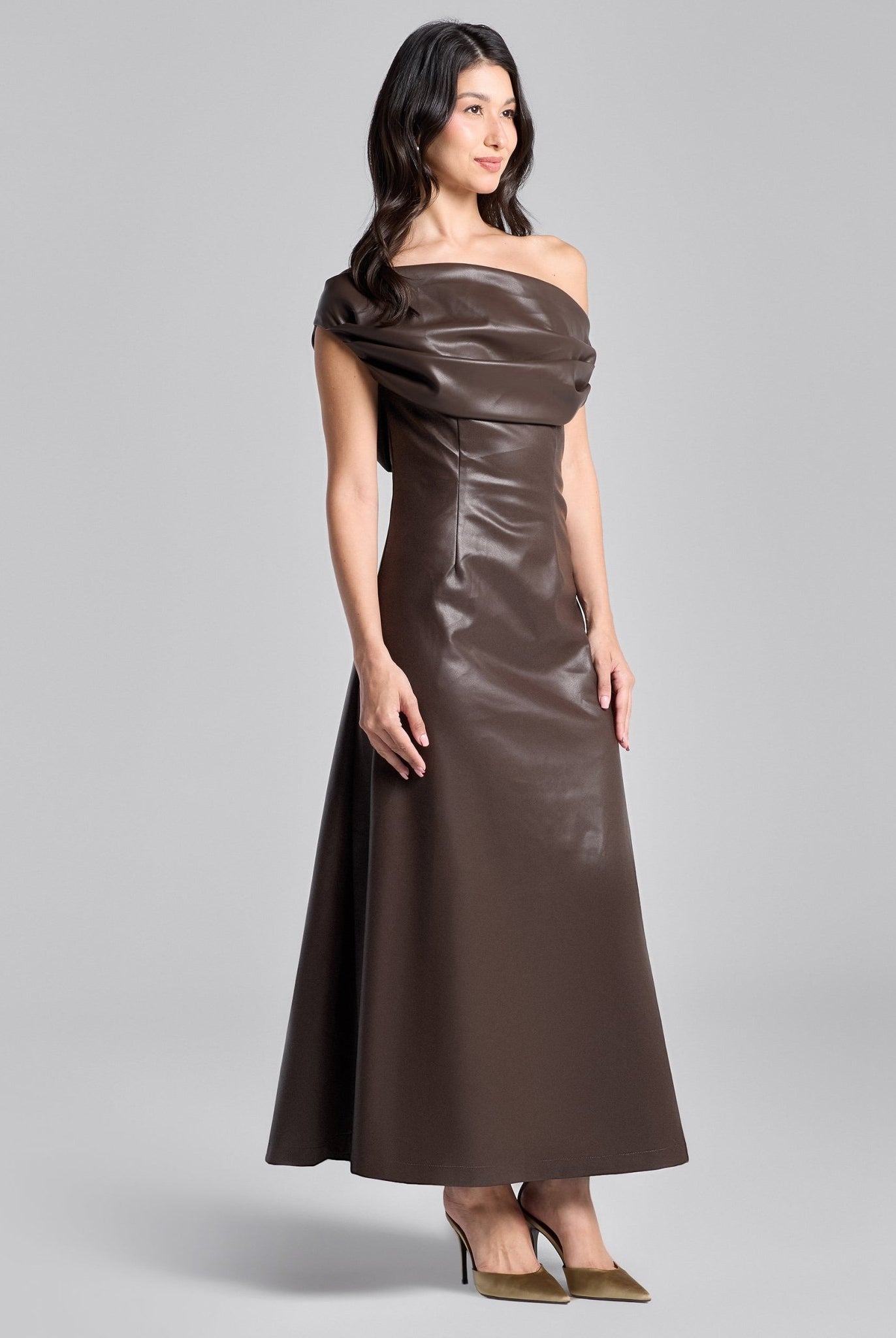 Brown Off Shoulder Draped Leather Midi Dress - shopaleena