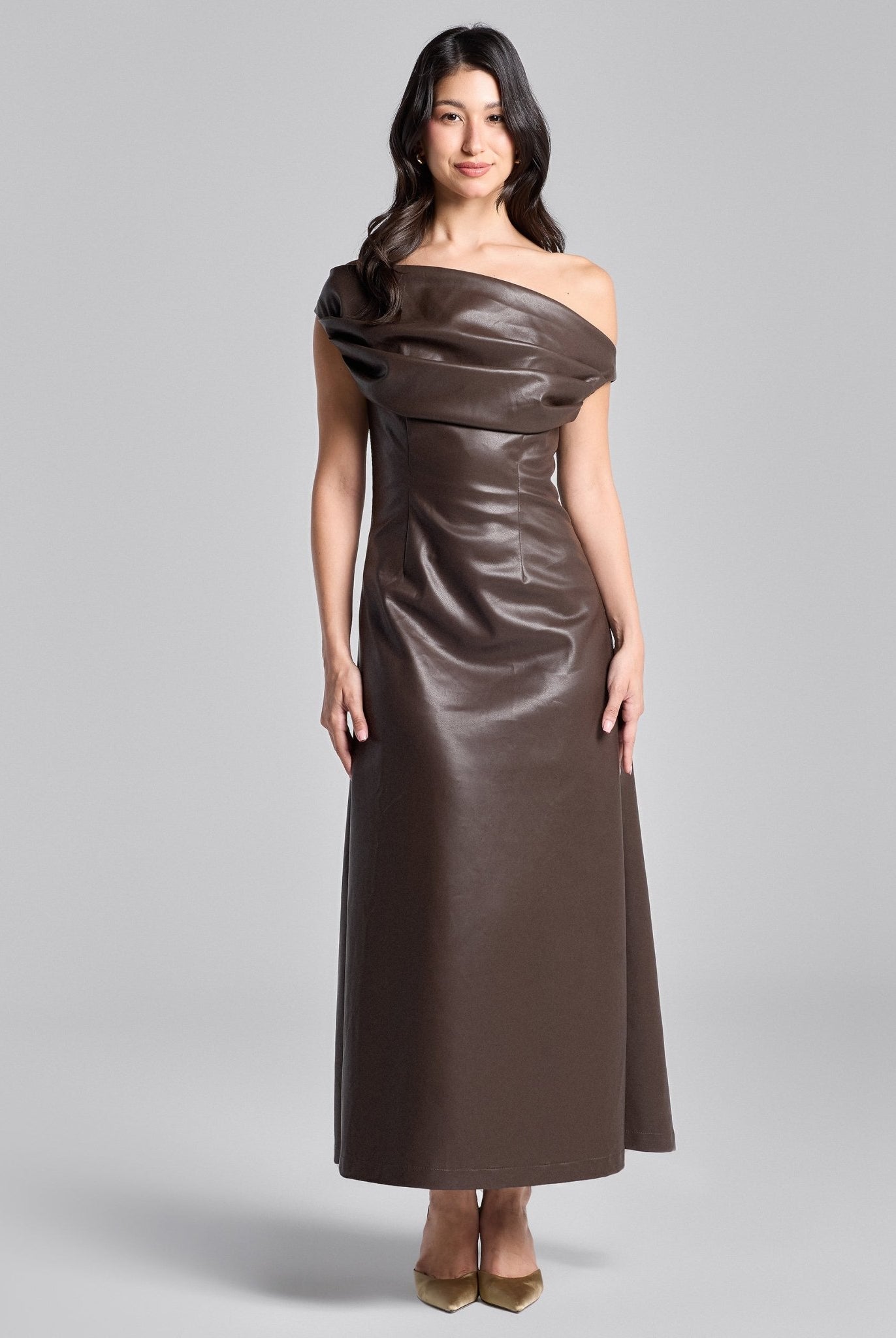 Brown Off Shoulder Draped Leather Midi Dress - shopaleena