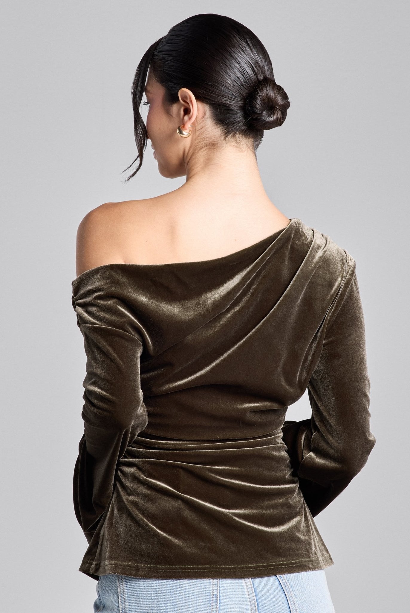 Brown Off Shoulder Ruched Velvet Top - shopaleena