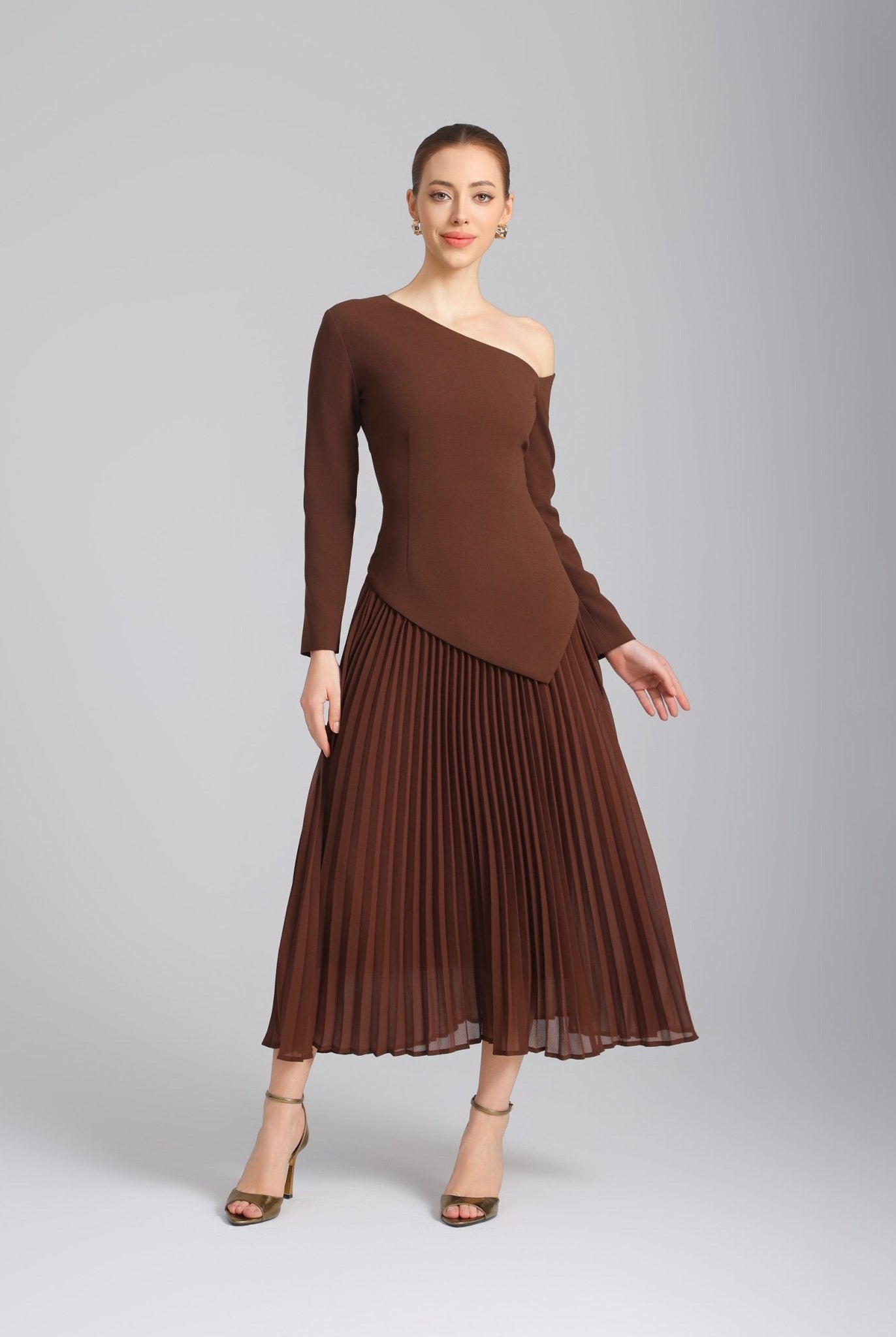 Brown One - shoulder Crepe Dress With Pleated Skirt - shopaleena
