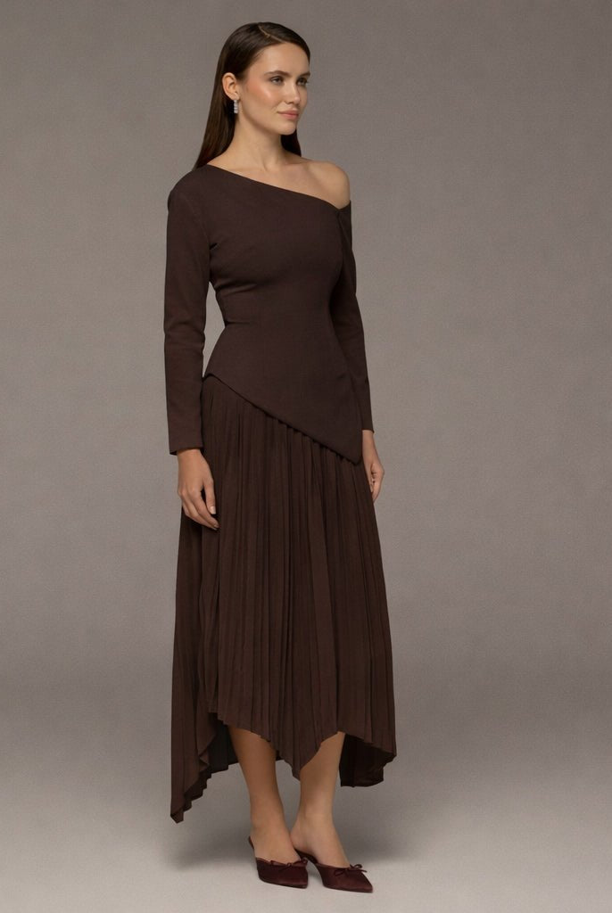 Brown One - shoulder Crepe Dress With Pleated Skirt - shopaleena