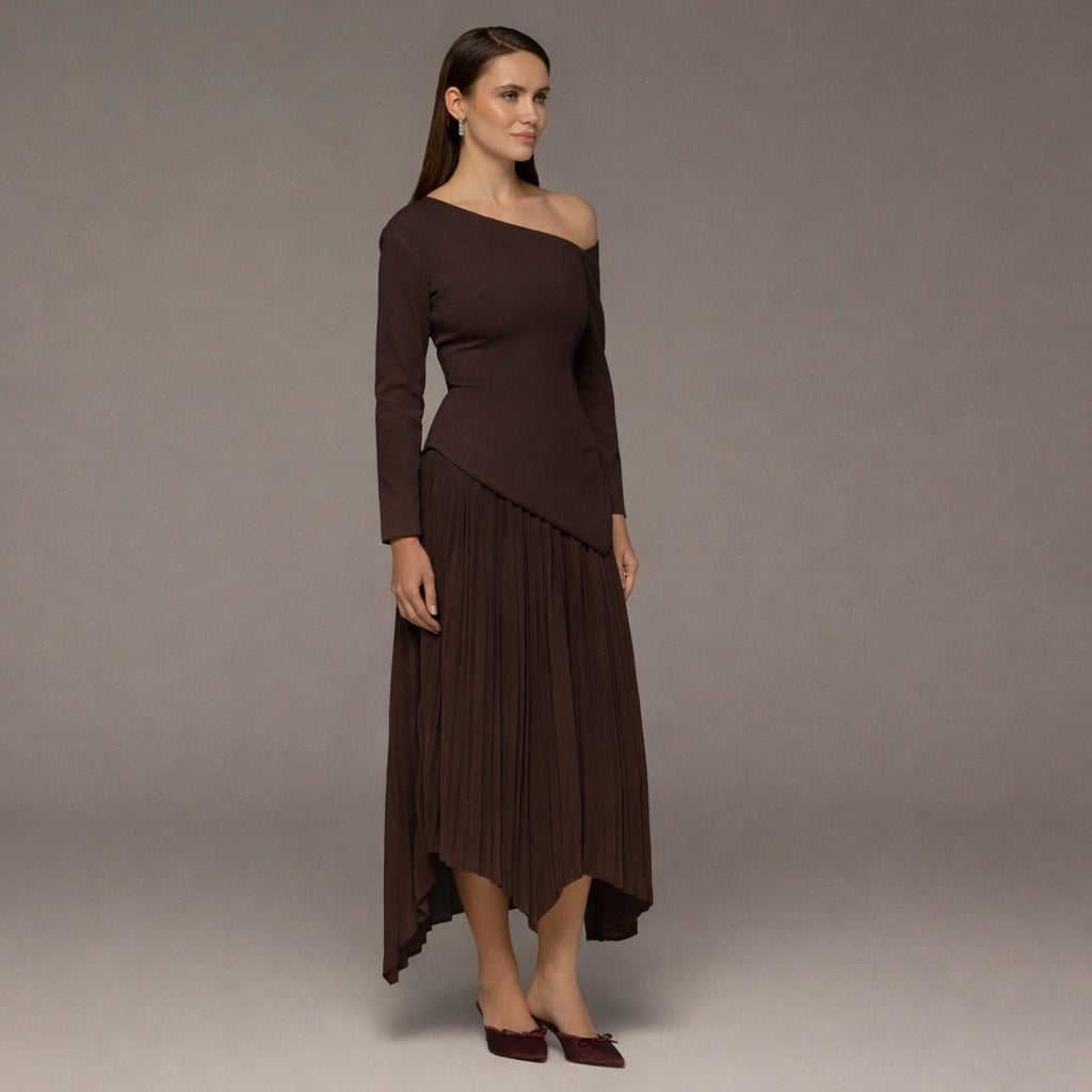 Brown One - shoulder Crepe Dress With Pleated Skirt - shopaleena