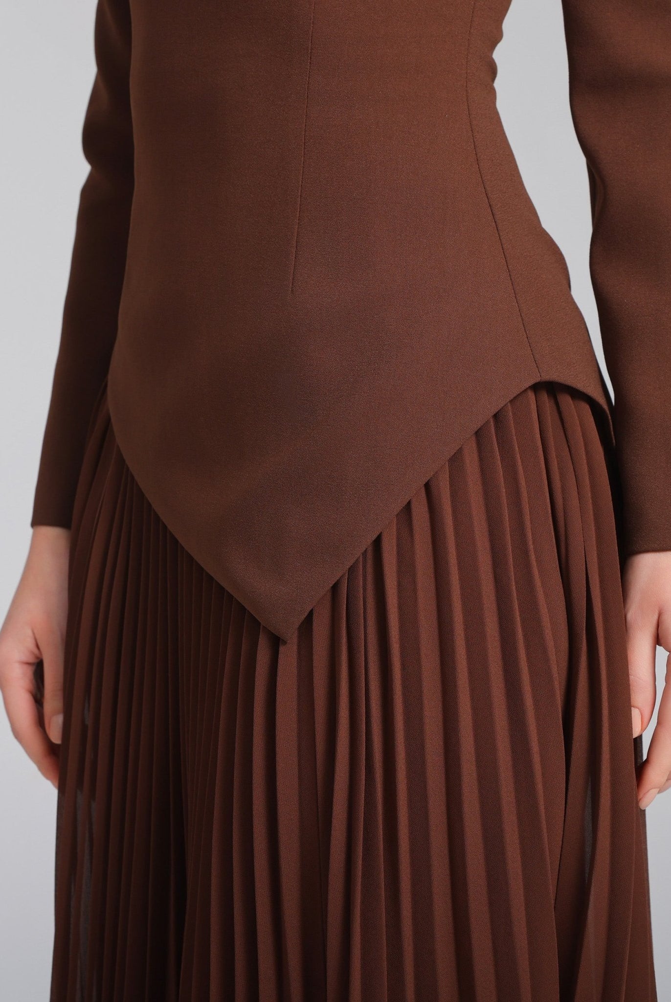 Brown One - shoulder Crepe Dress With Pleated Skirt - shopaleena
