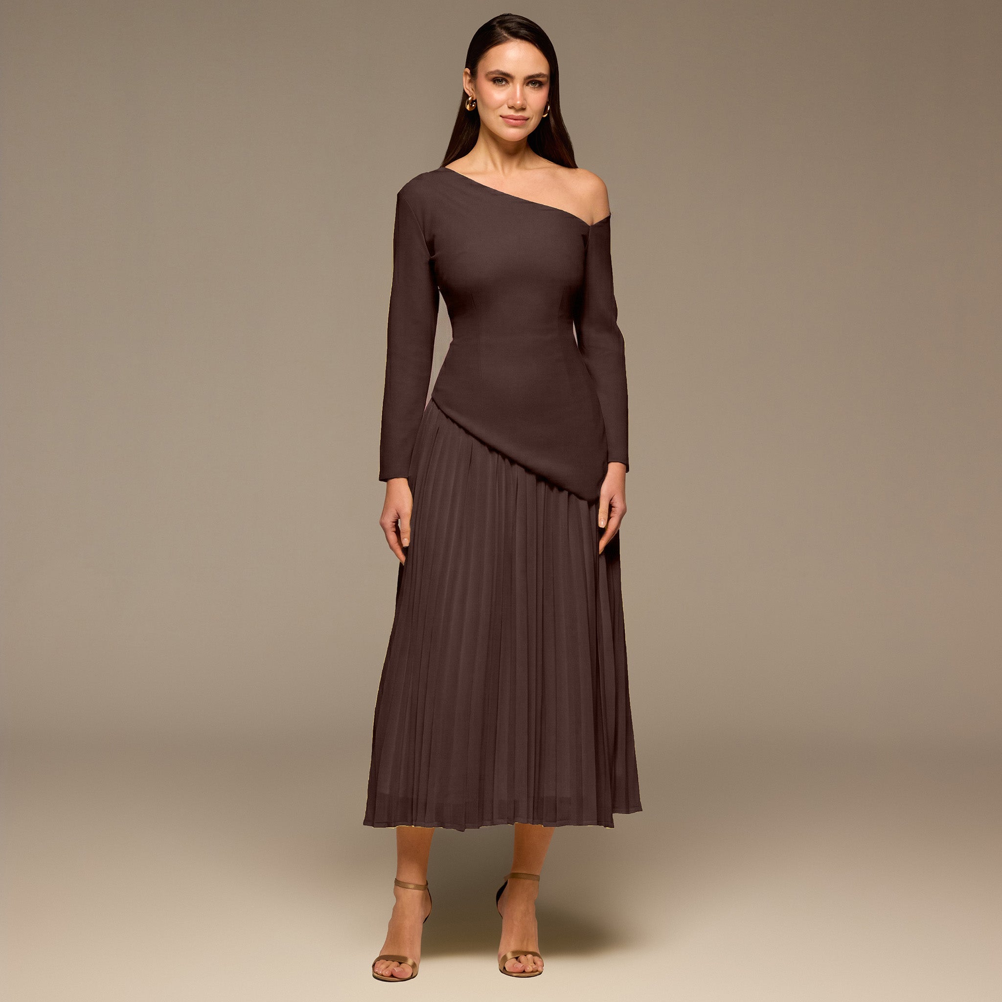 Brown One - shoulder Crepe Dress With Pleated Skirt - shopaleena
