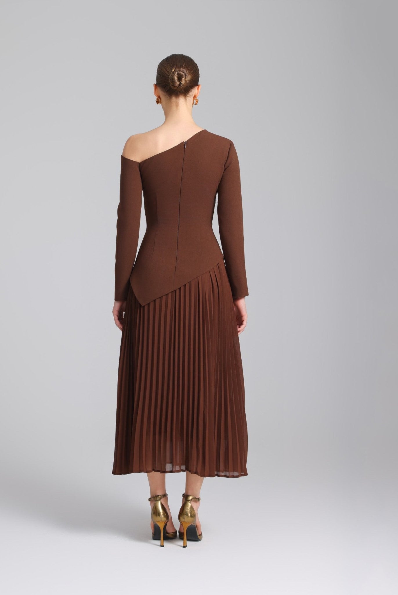 Brown One - shoulder Crepe Dress With Pleated Skirt - shopaleena