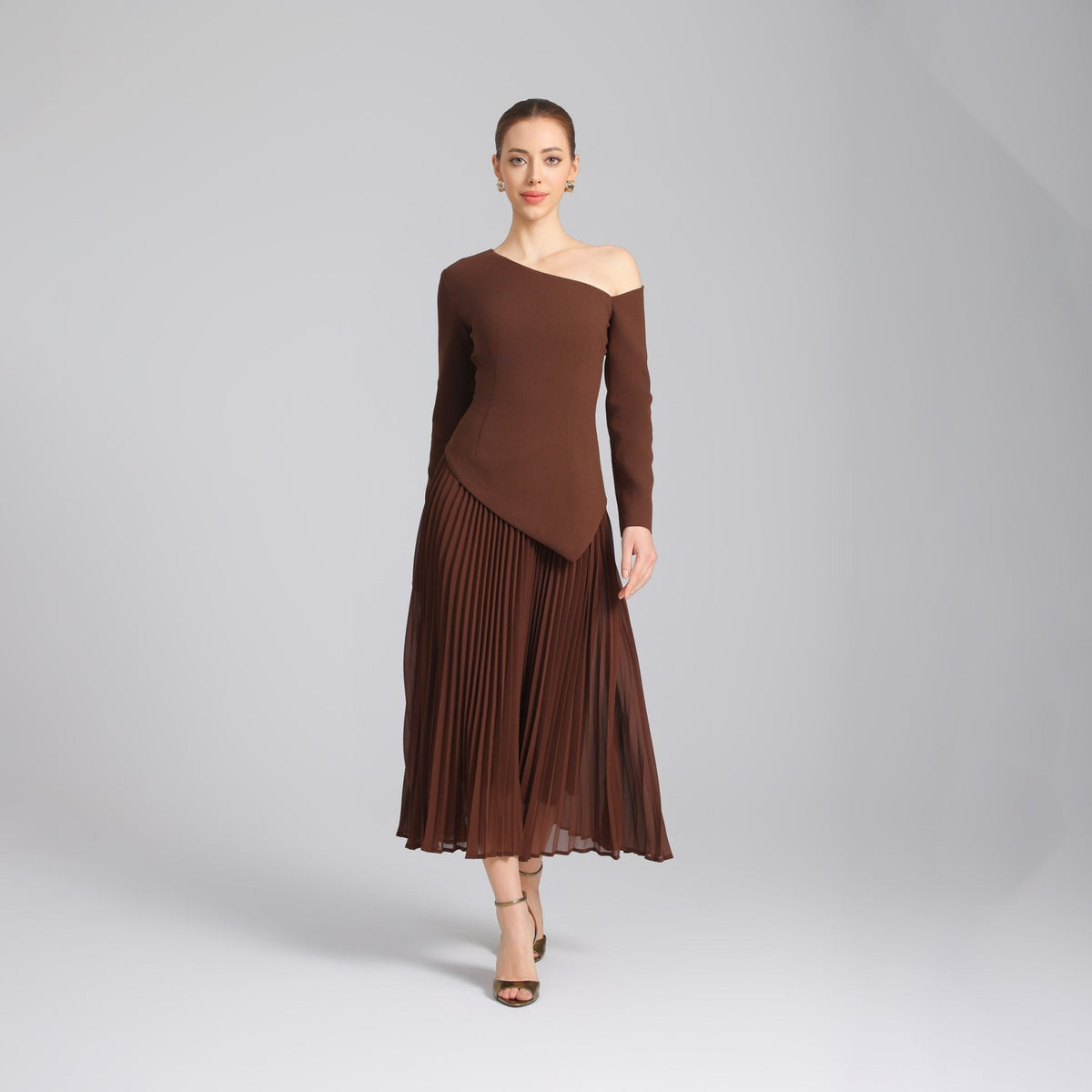 Brown Oneshoulder Crepe Dress With Pleated Skirt shopaleena — free download
