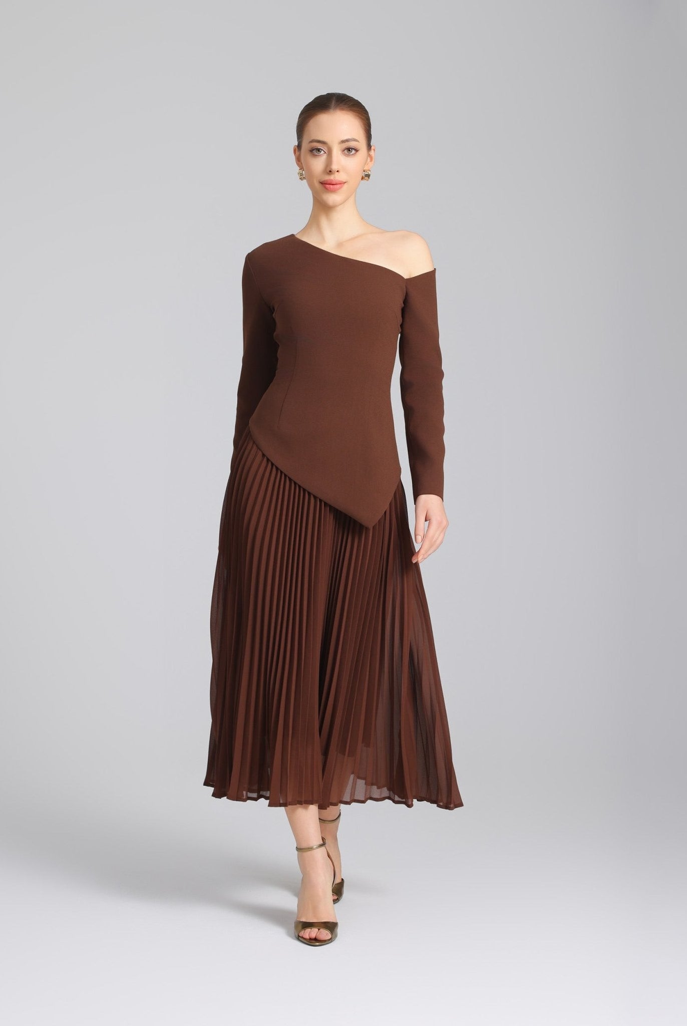 Brown One - shoulder Crepe Dress With Pleated Skirt - shopaleena