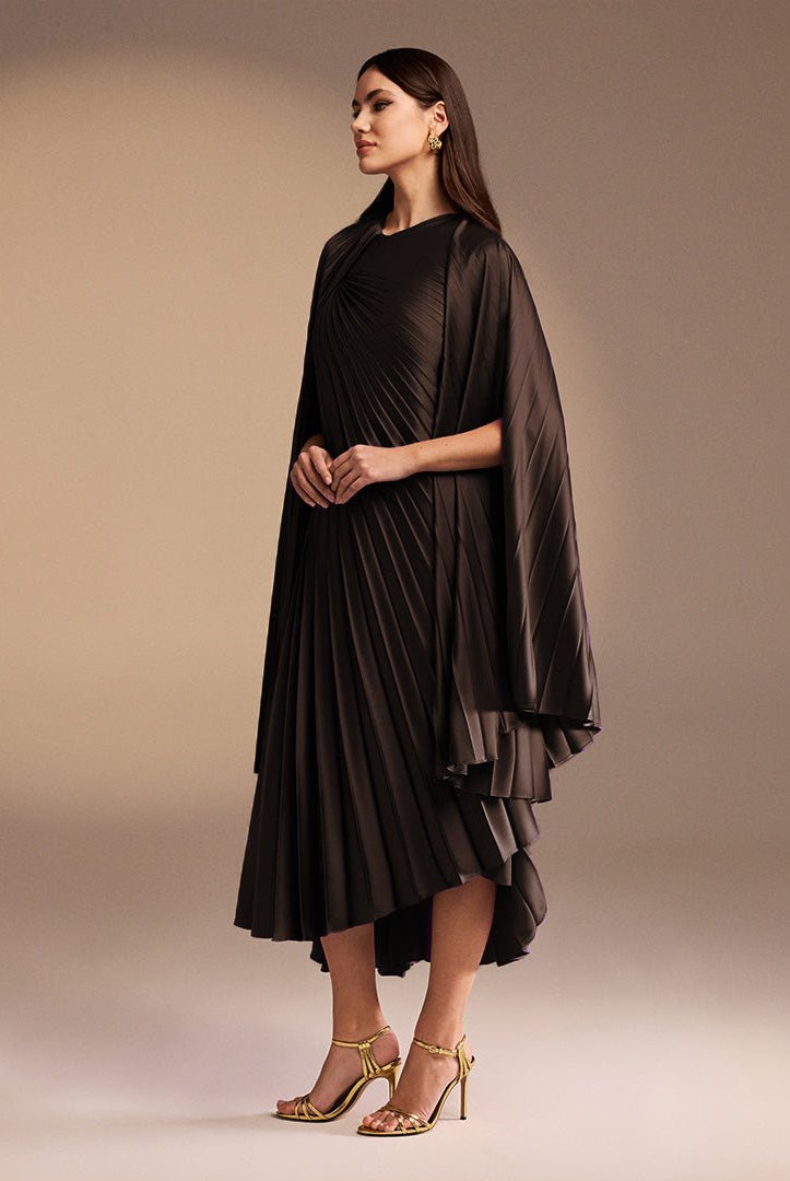 Brown Pleated Cape Midi Dress - shopaleena