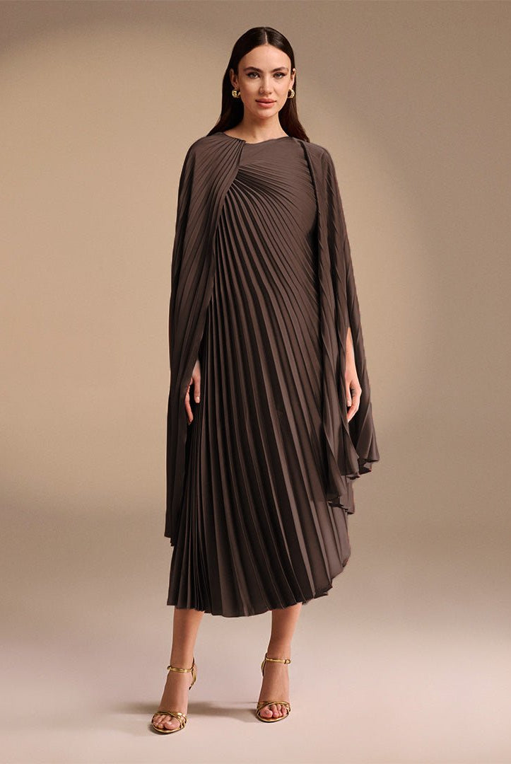 Brown Pleated Cape Midi Dress - shopaleena